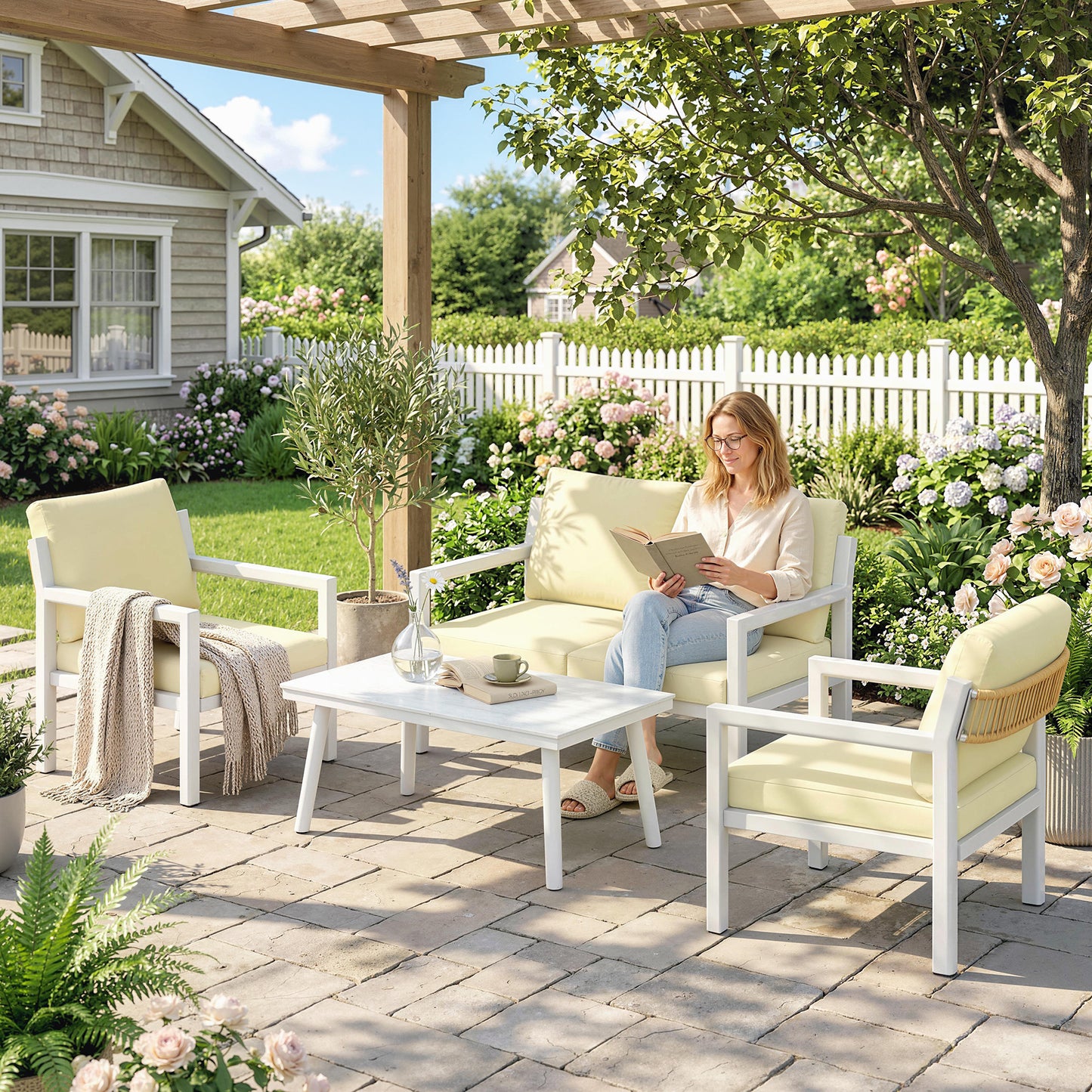 4 Seater Rattan Garden Furniture Set with 2 Armchairs, Loveseat (1)