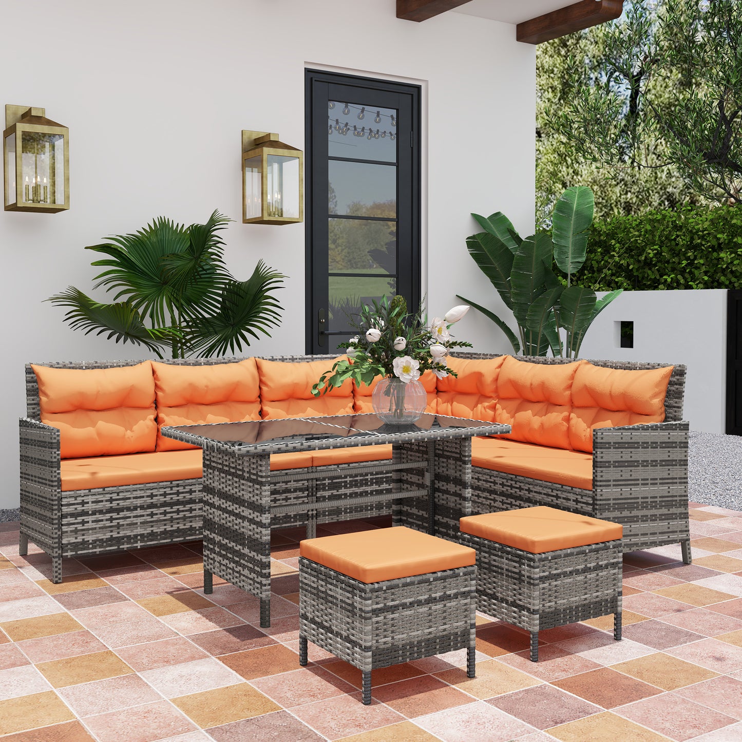 7-Seater Patio wicker Sofa Set Rattan Chair Furniture w/ Glass &