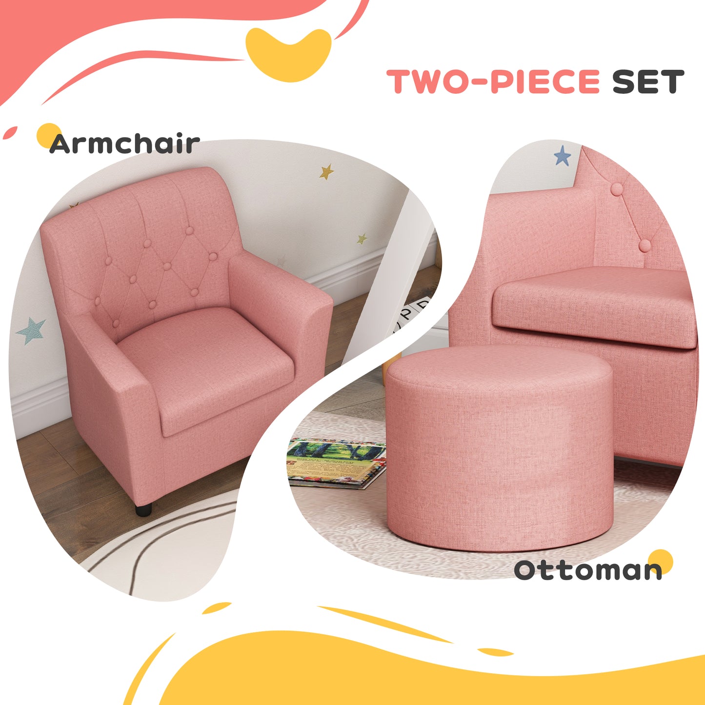 2PCs Kids Sofa Set with Footrest, for Playroom, Bedroom