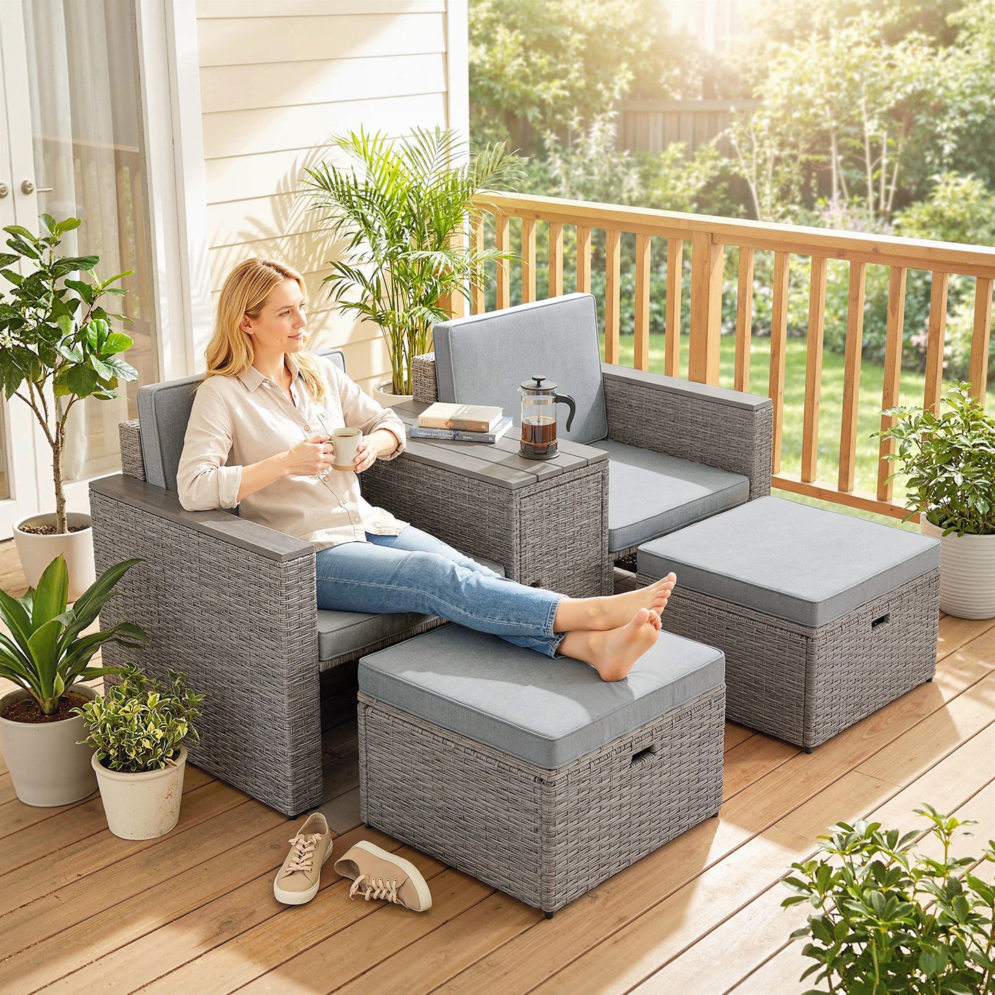5 Piece Rattan Garden Furniture Set with Storage Table, Footstools
