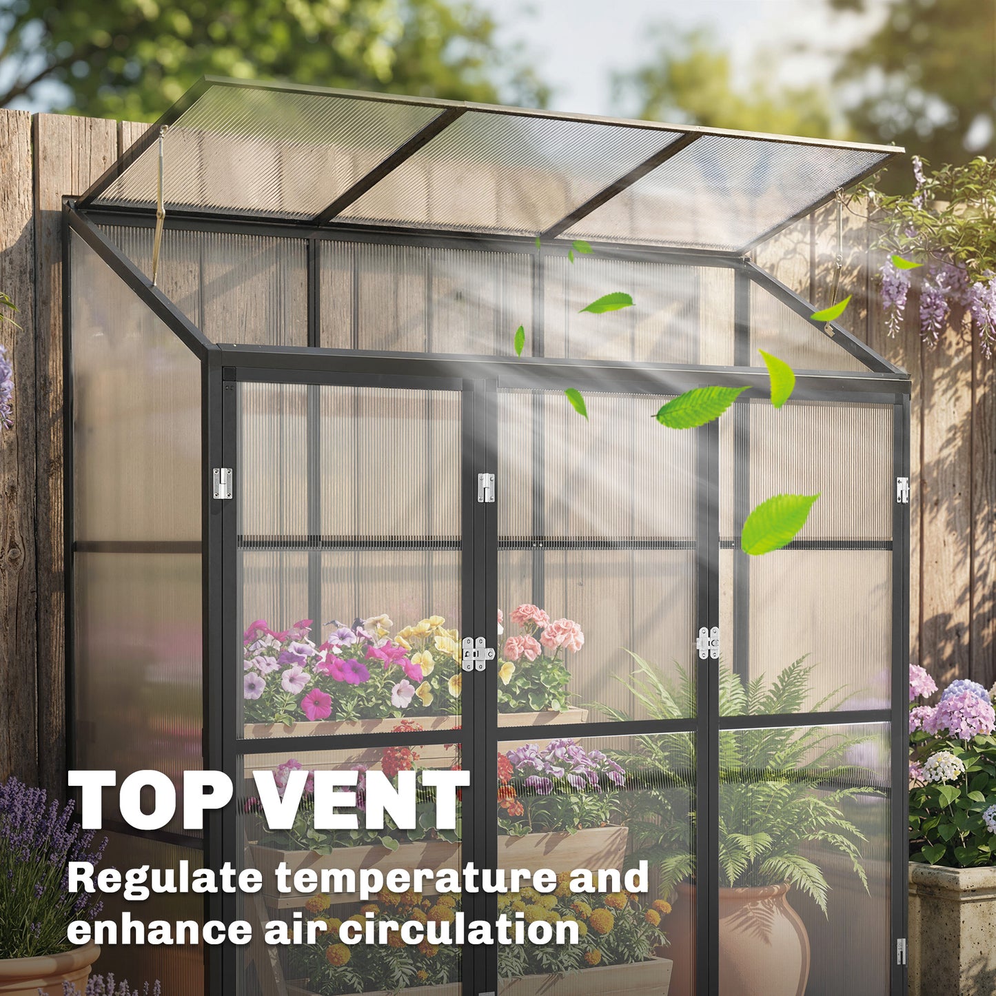 Polycarbonate Greenhouse with 3 Hinged Doors, Top Vent