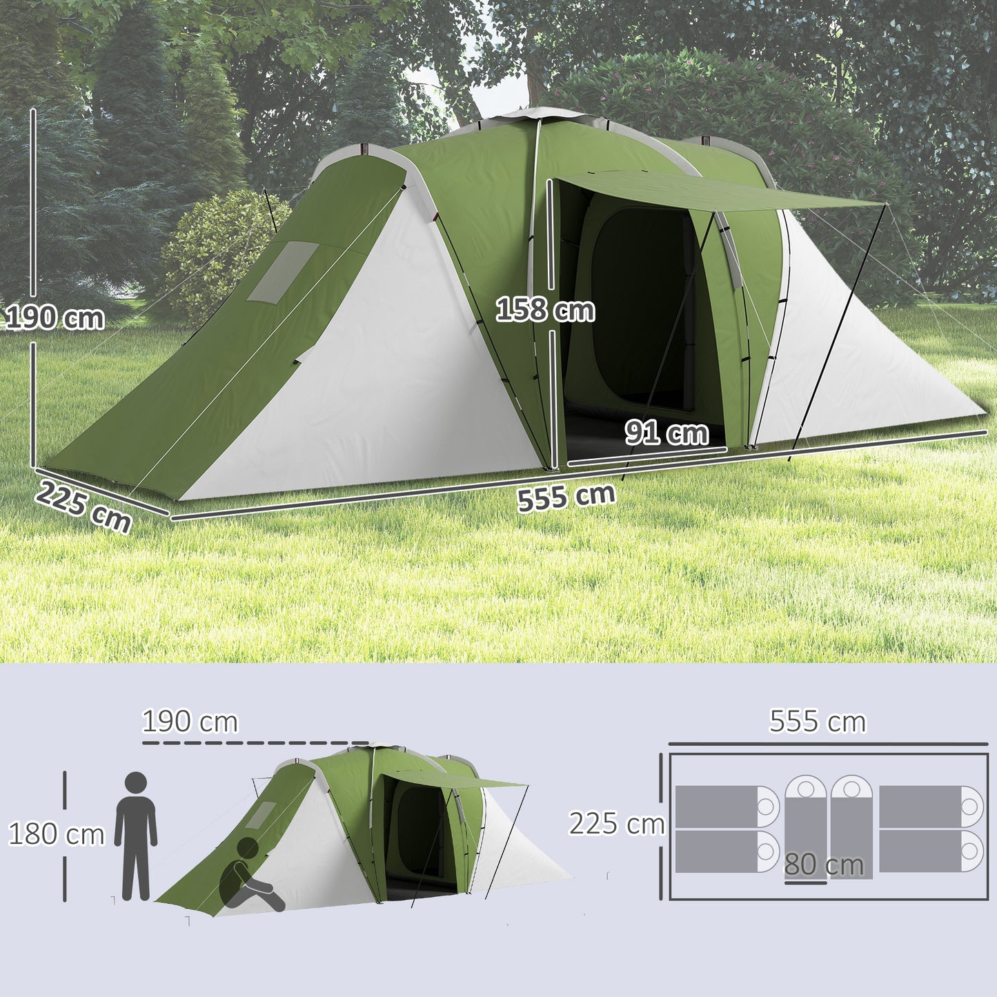 Large Camping Tent Tunnel Tent with 2 Bedroom and Living Area