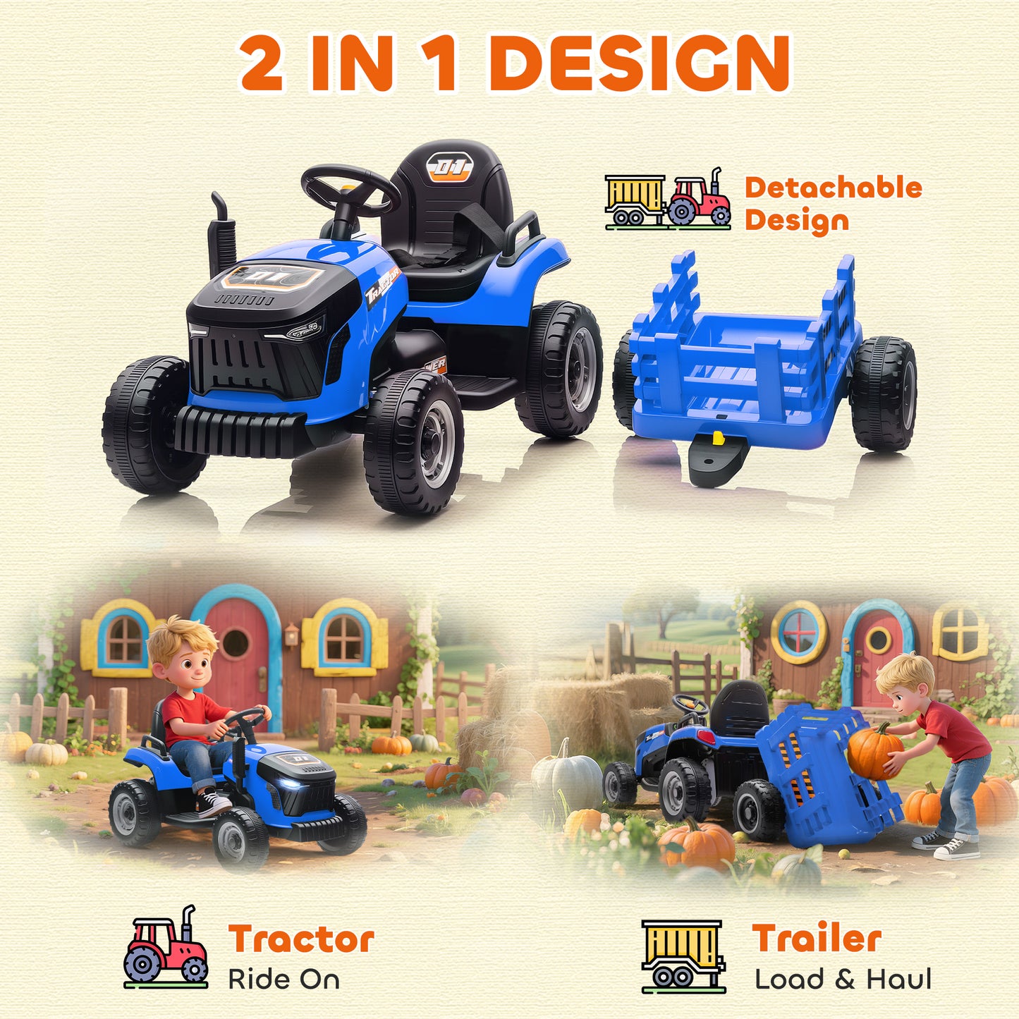 12V Ride on Tractor and Trailer with Remote Control, Music, Shifter