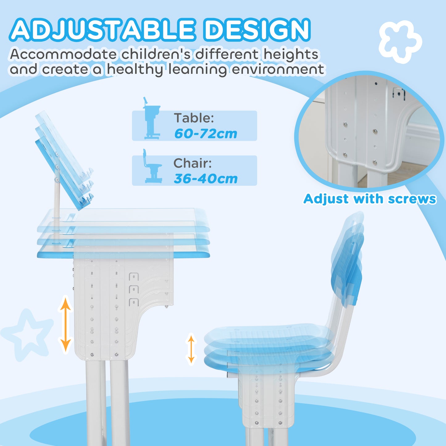 Kids Adjustable Desk and Chair Set, Book Stand, Pen Slot