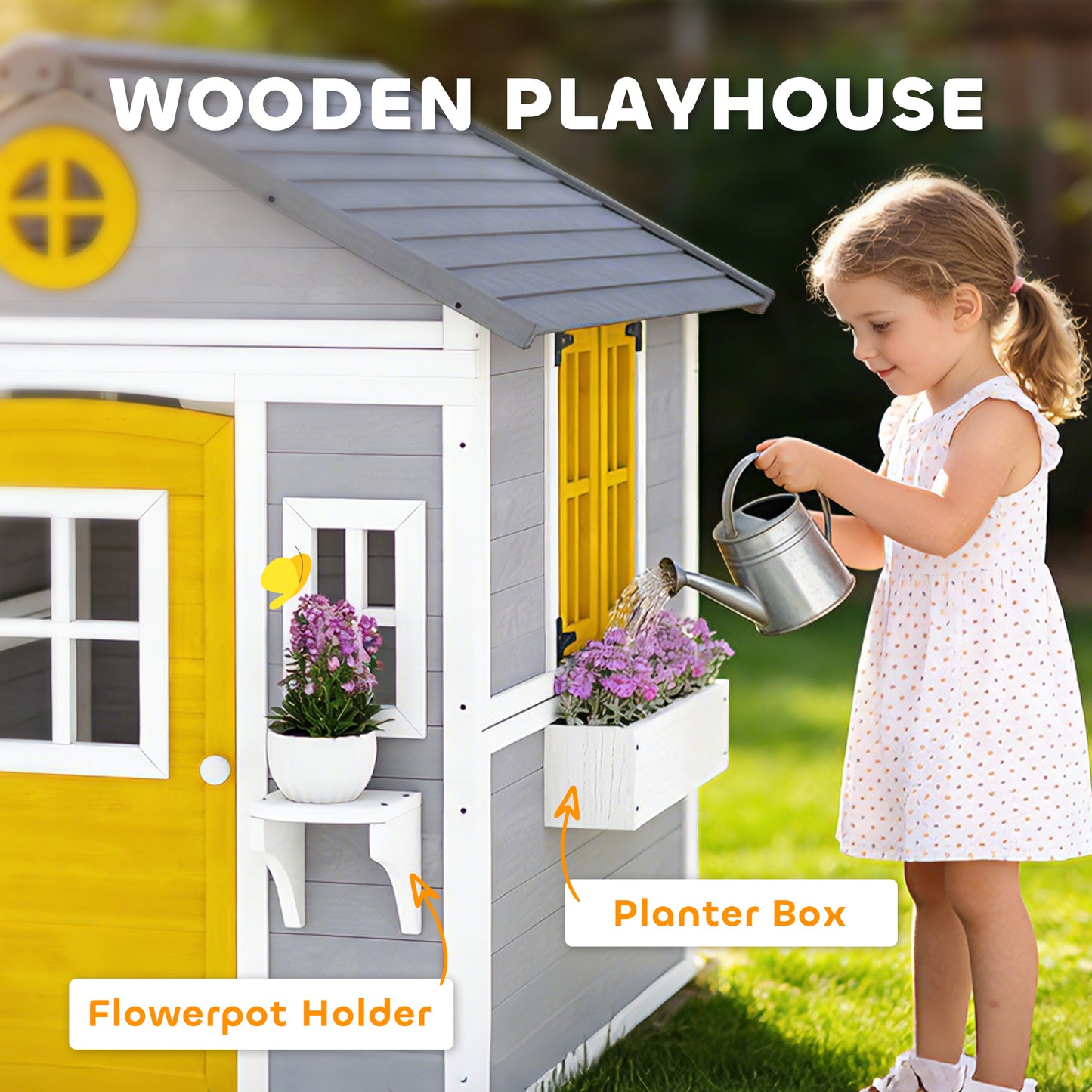 Wooden Playhouse with Doors, Windows, Plant Pots, Boxes, for 3-8 Years