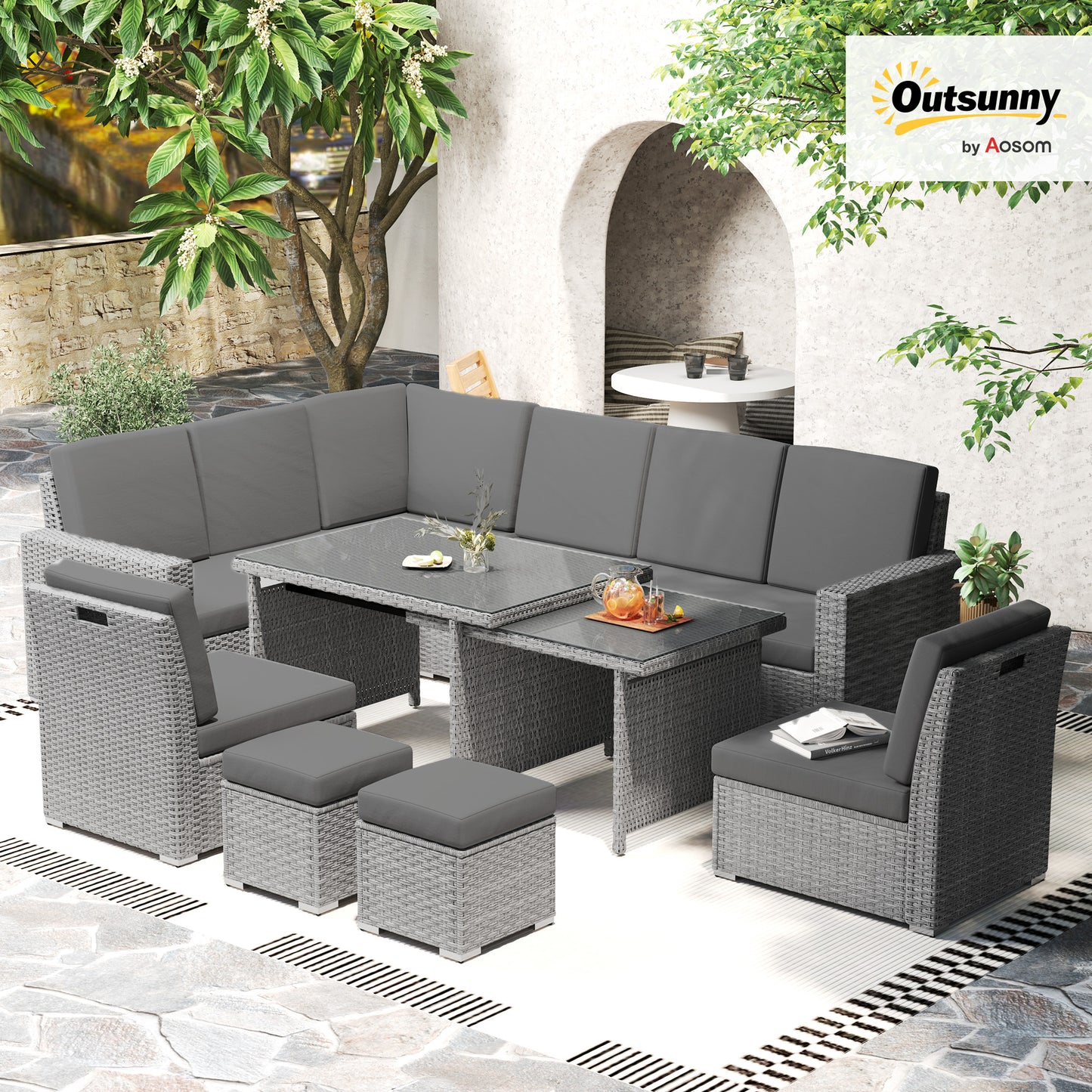 Seven-Piece Rattan Garden Sofa Set, with Expanding Table