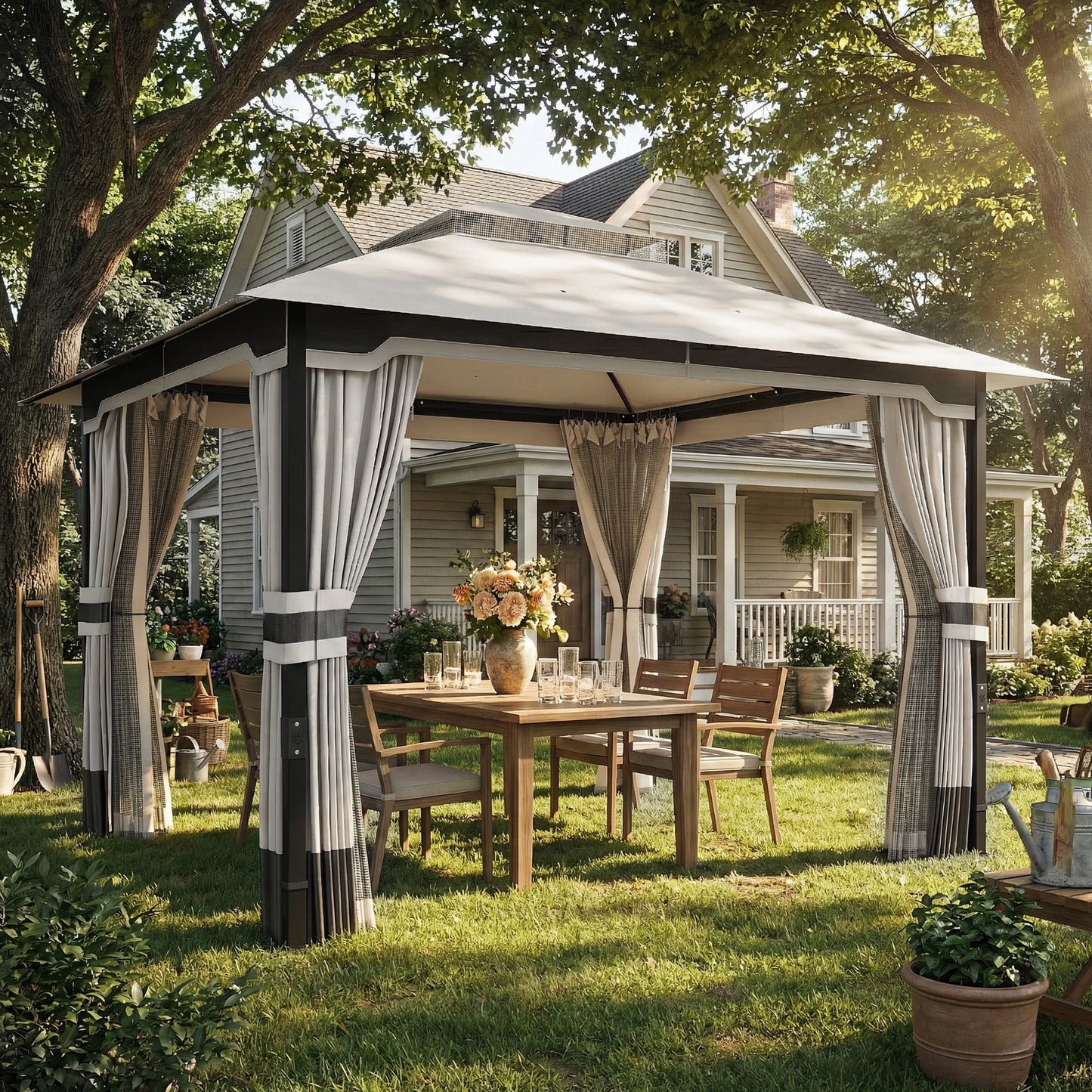 3 x 3.6 m Outdoor Garden Gazebo with Netting and Curtains