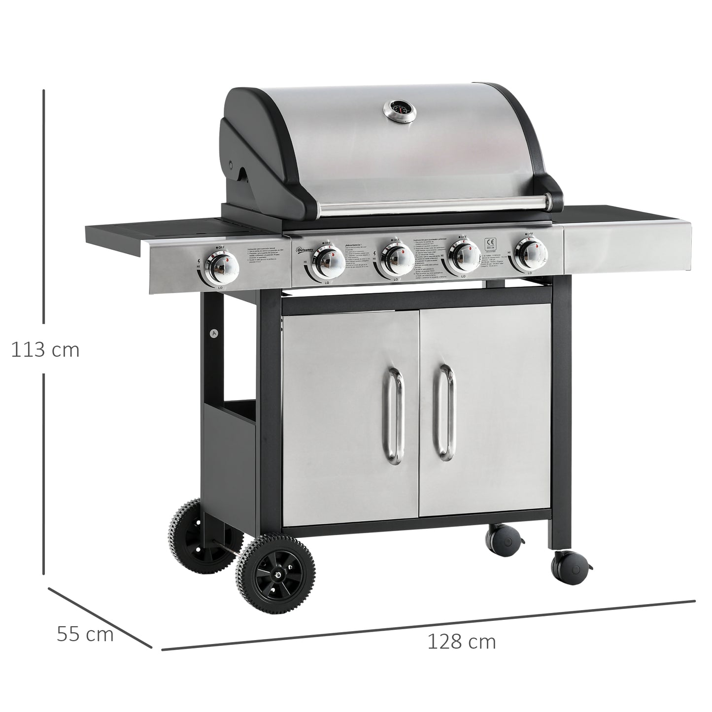 Gas Barbecue Grill 4+1 Burner Garden Smoker BBQ Trolley w/ Side