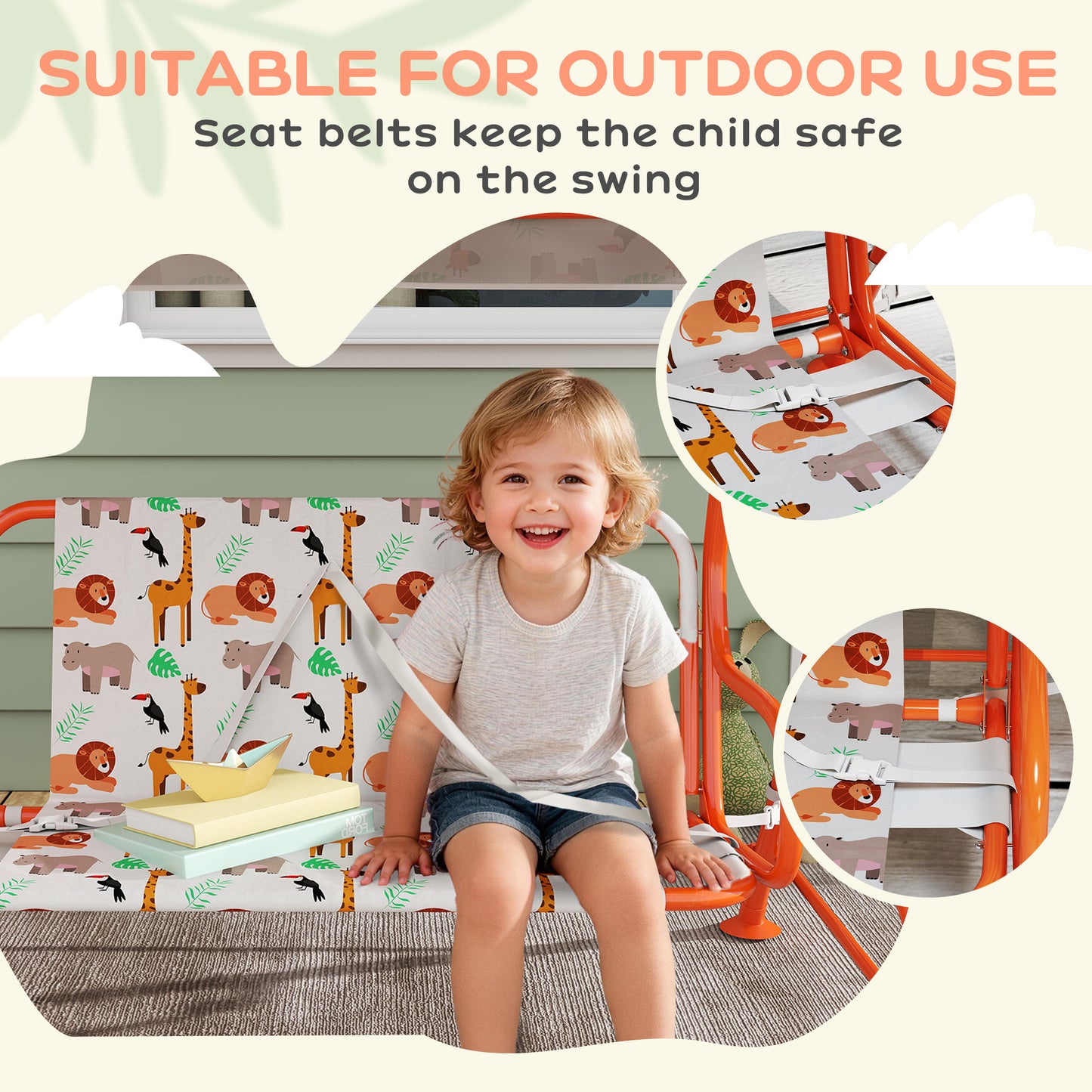 Kids Porch Swing, 2-Seater Patio Swing Bench Hammock with Seat Belts