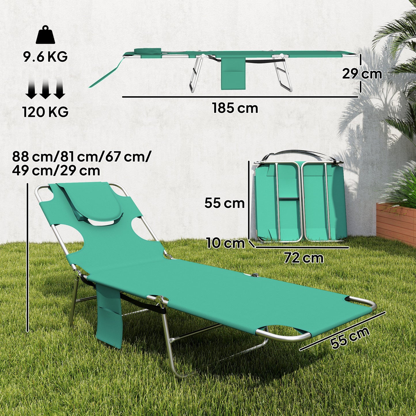 5-Position Adjustable Sun Loungers Set of 2 with Reading Hole