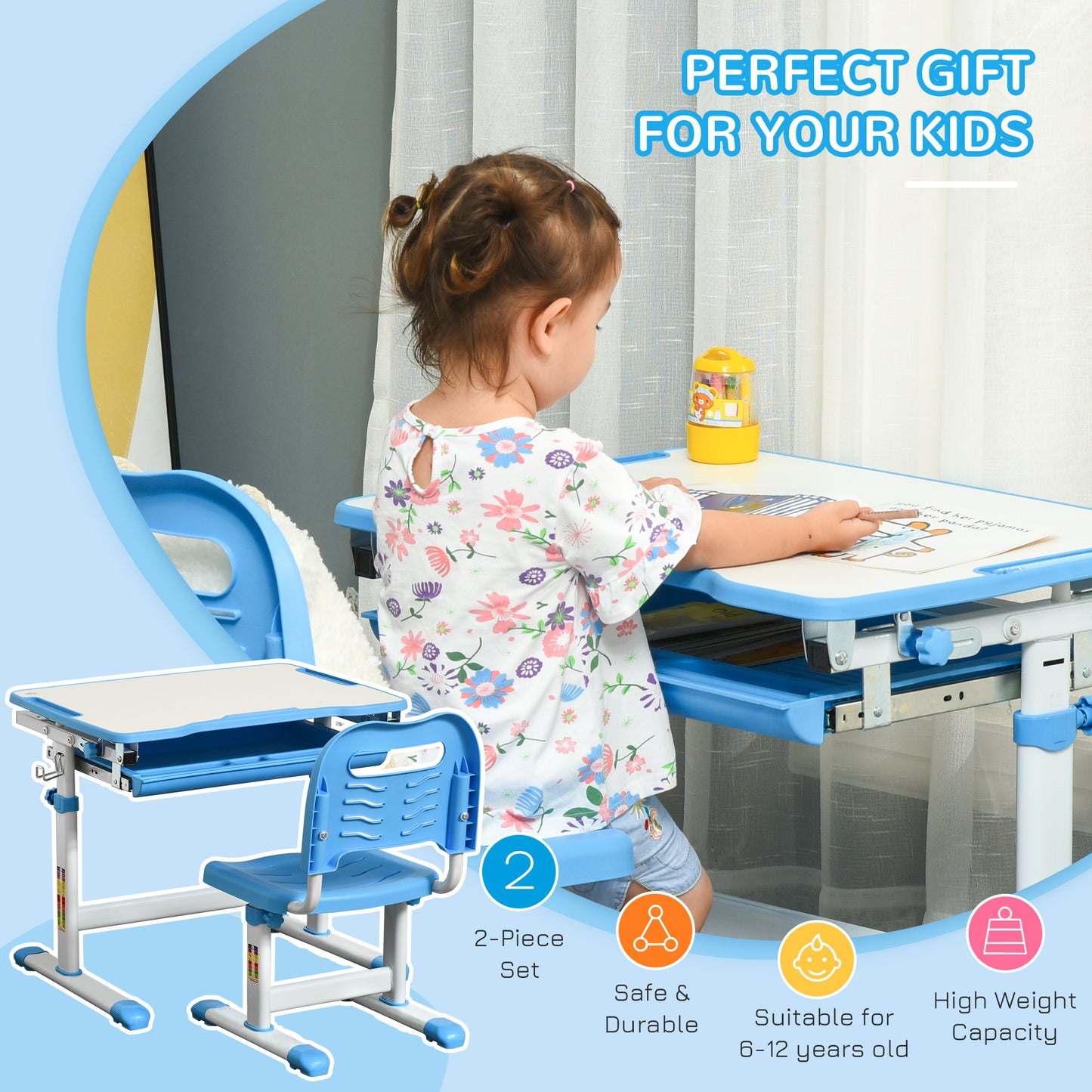 Kids Desk and Chair Set, Height Adjustable Student Writing Desk