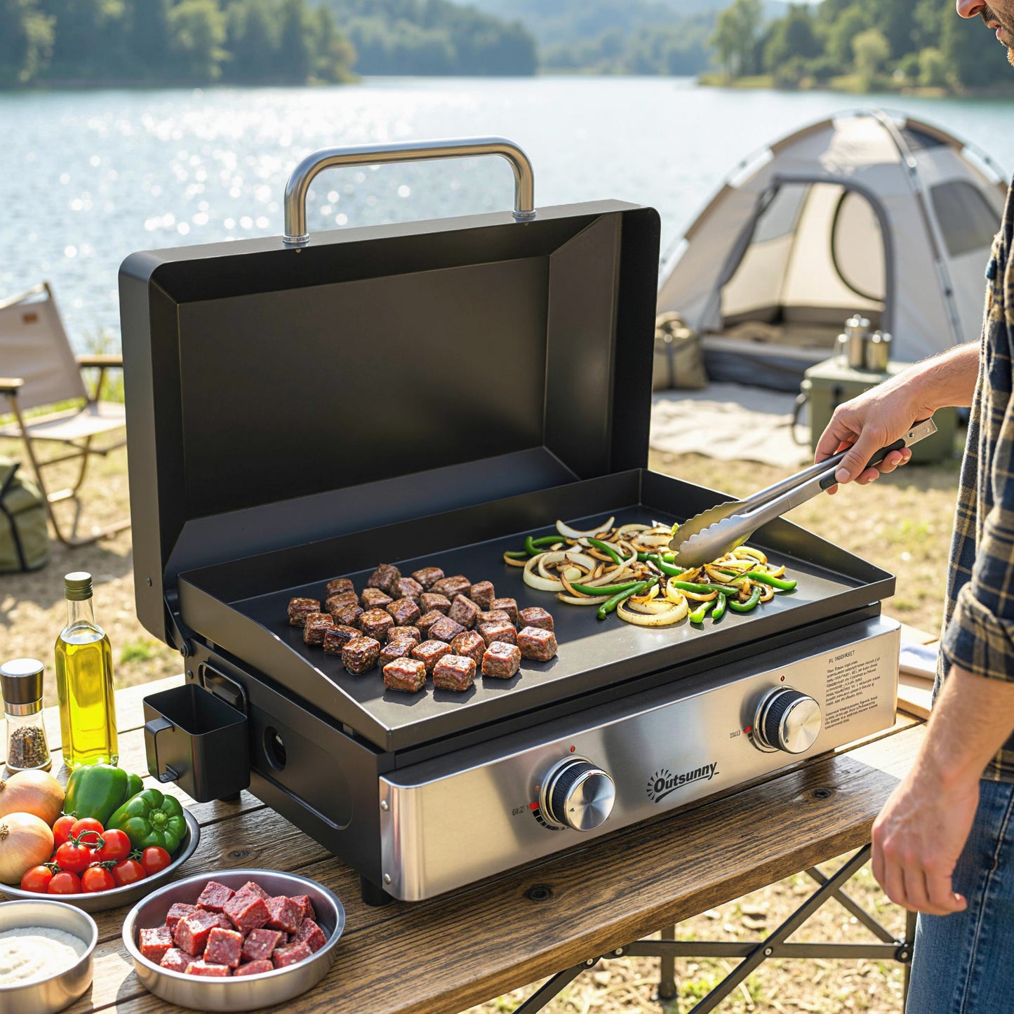 2 Burner Grill Griddle, Portable Gas Plancha, 6 kW