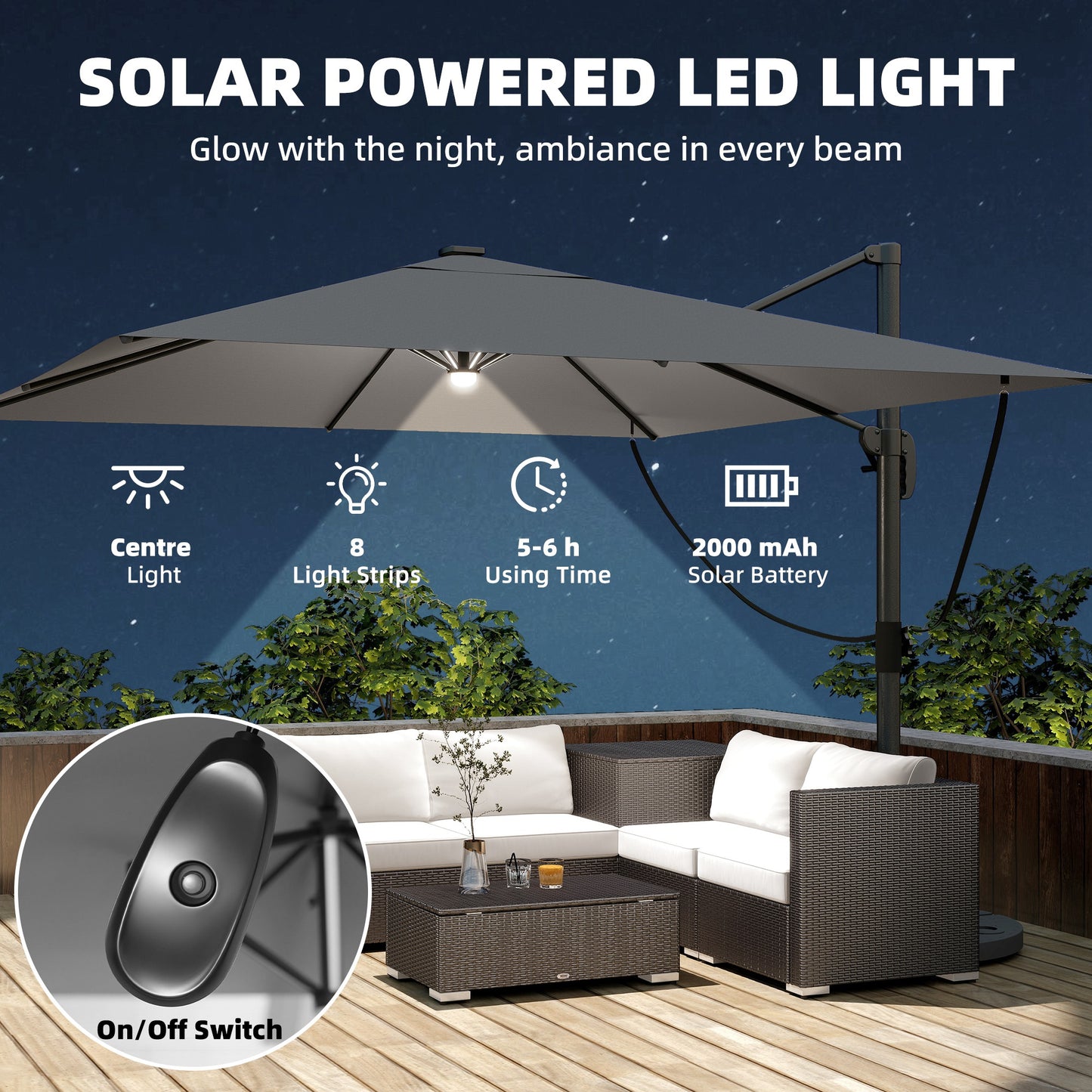 3 x 3 m Garden Cantilever Parasol with Light, Cover