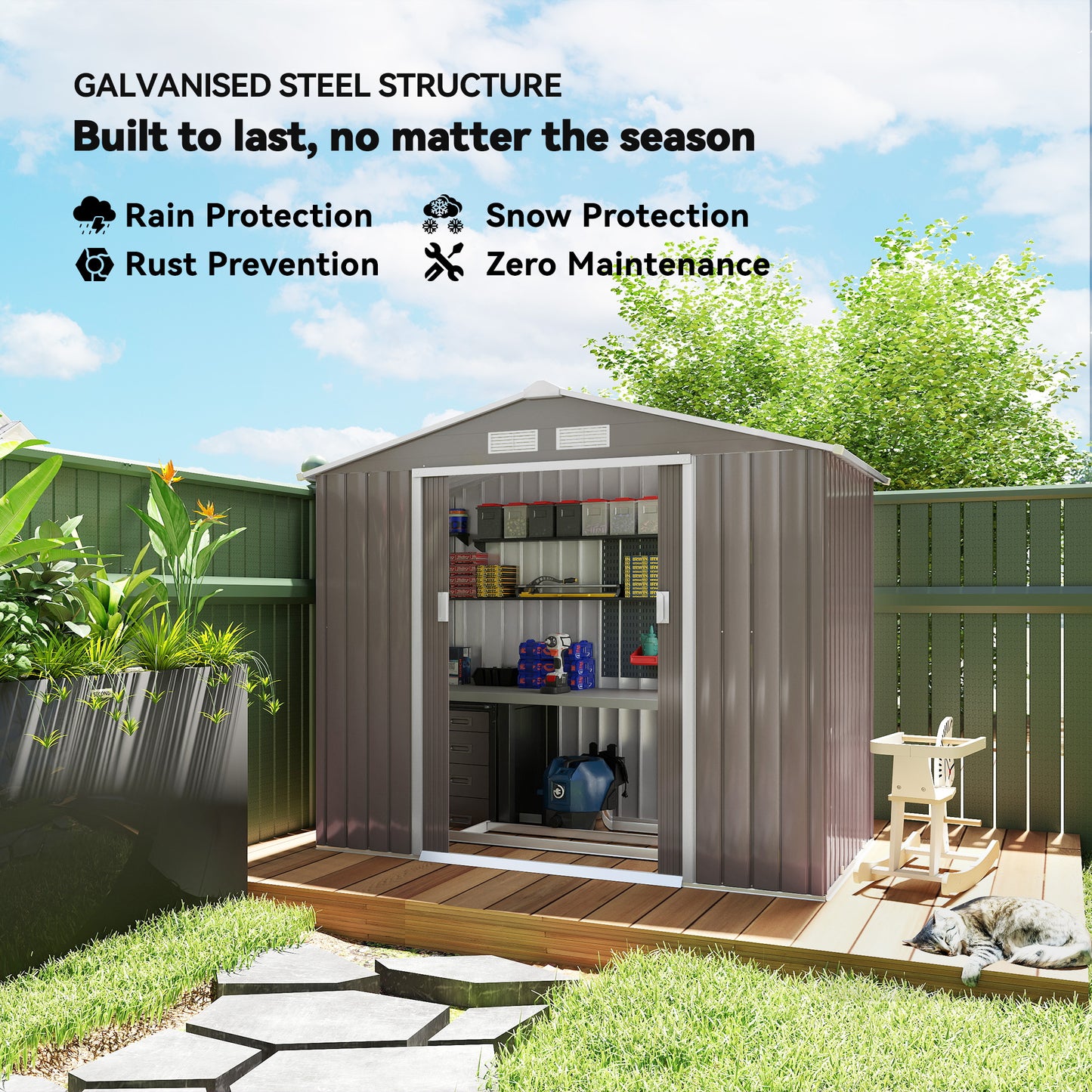 7ft x 4ft Lockable Garden Metal Storage Shed Storage Roofed Tool