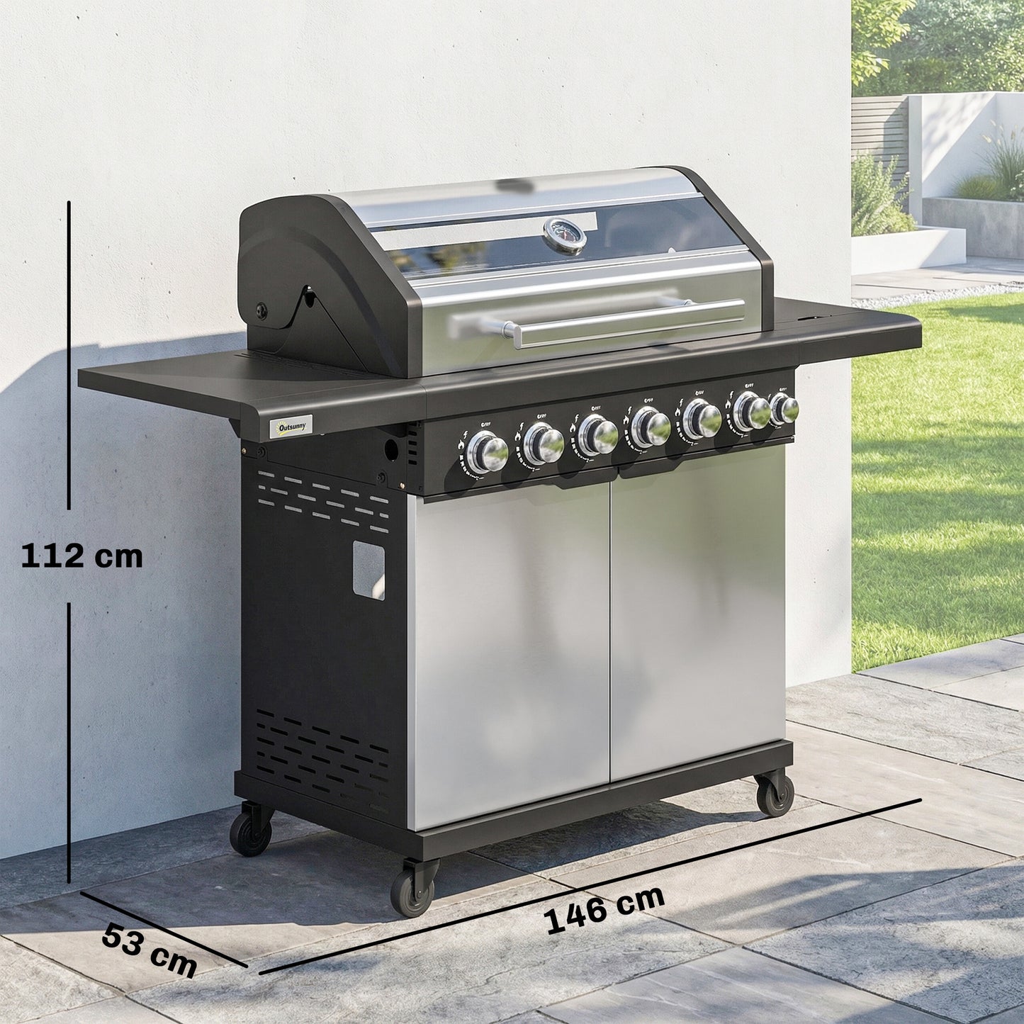 6+1 Burner Gas BBQ Grill, Outdoor Barbecue Trolley with Wheels