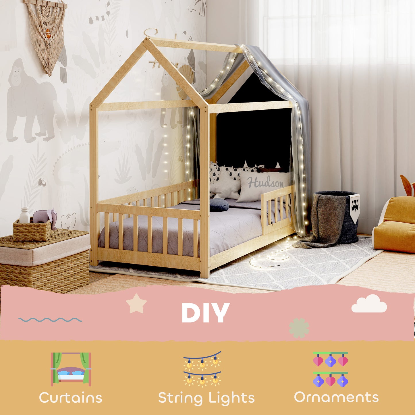 House-Shaped Kids Bed Frame with Guard Rails