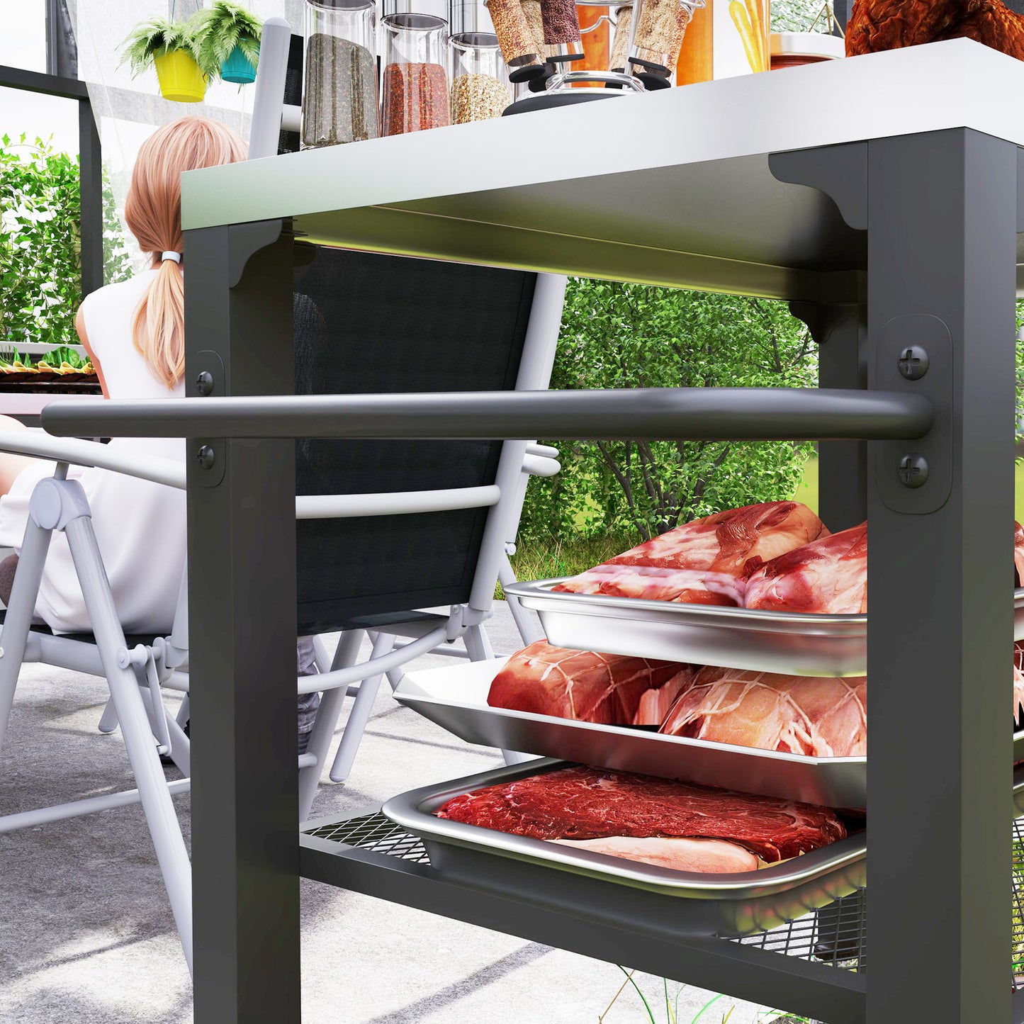 Three-Shelf Outdoor Grill Cart with Stainless Steel Top