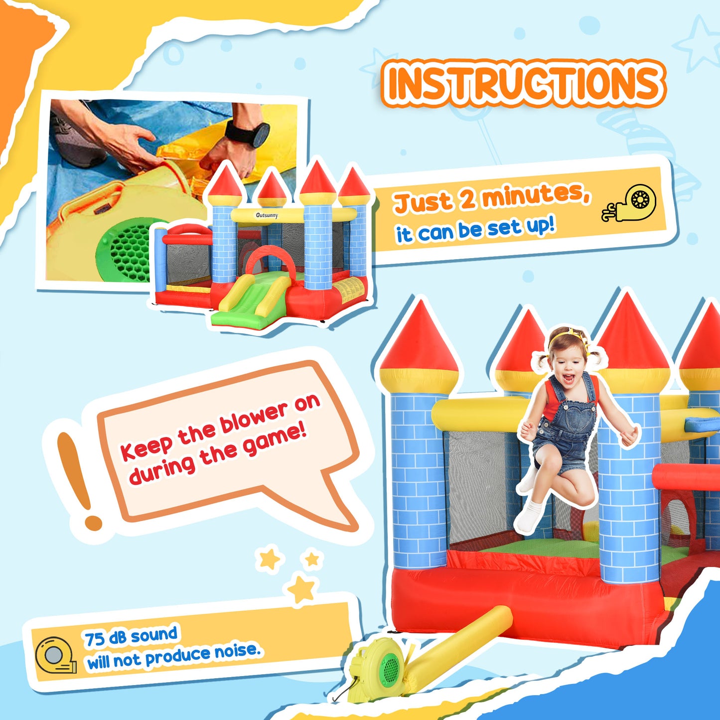 Kids Bounce Castle Inflatable Trampoline Slide Pool Basket