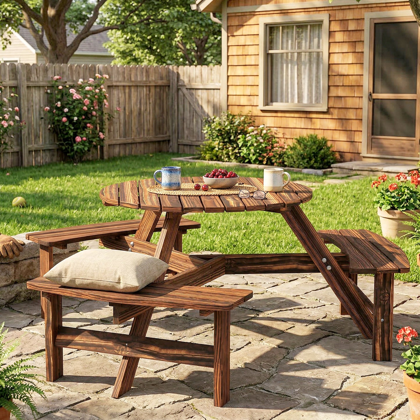 Wooden Garden Dining Set, 6 Seater Round Dining Picnic Table (2)