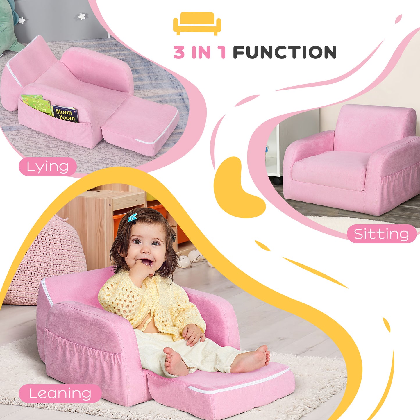 2-in-1 Kids Armchair, Toddler Sofa Bed, with Wood Frame, for Bedroom