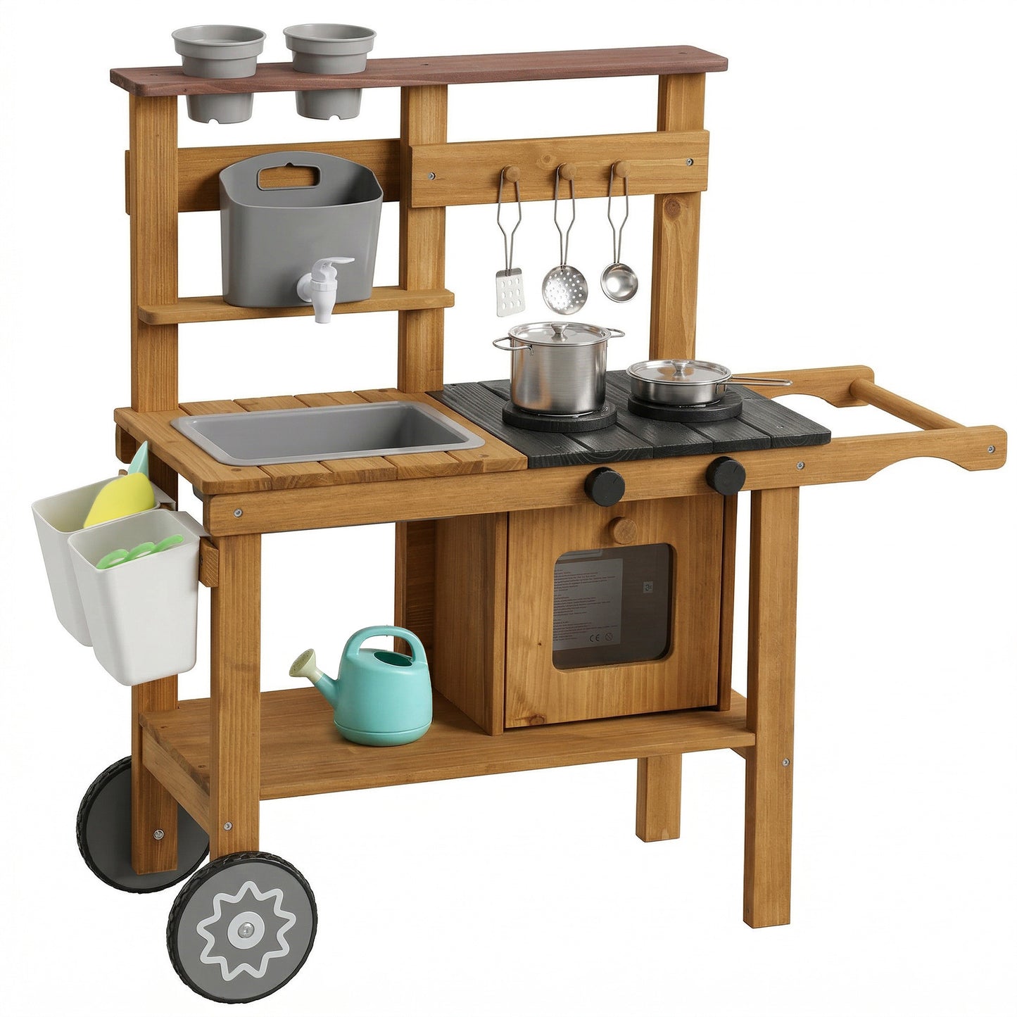 Wooden Mud Kitchen with Wheels, Stove, Faucet, Flower Pots
