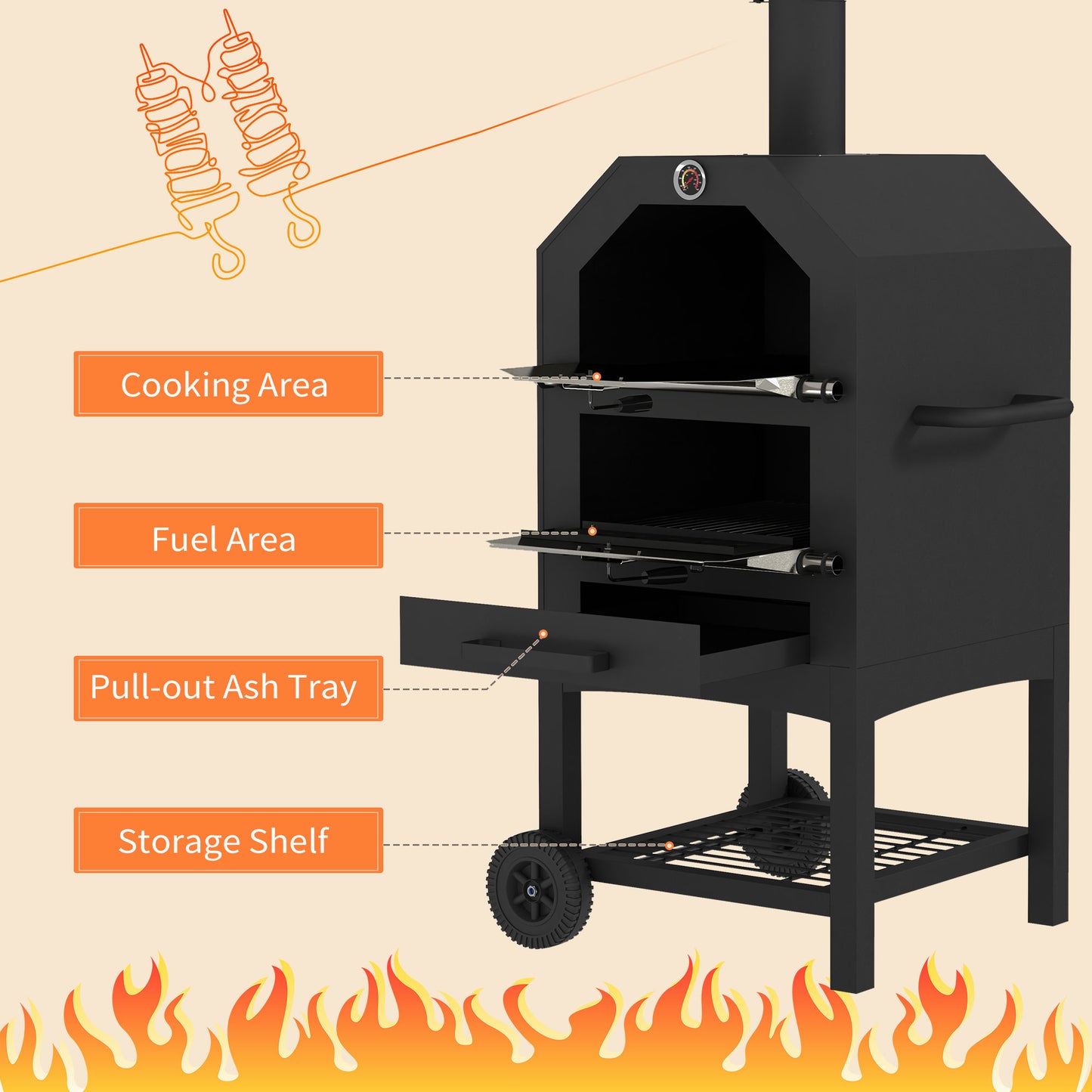 Steel 3-Tier Outdoor Pizza Oven Charcoal BBQ Grill