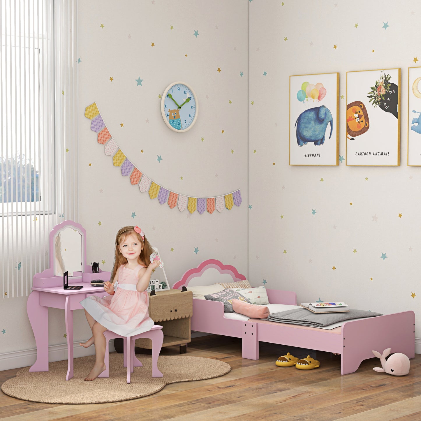 Wooden Kids Bedroom Furniture Set with Kids Dressing Table, Stool (2)