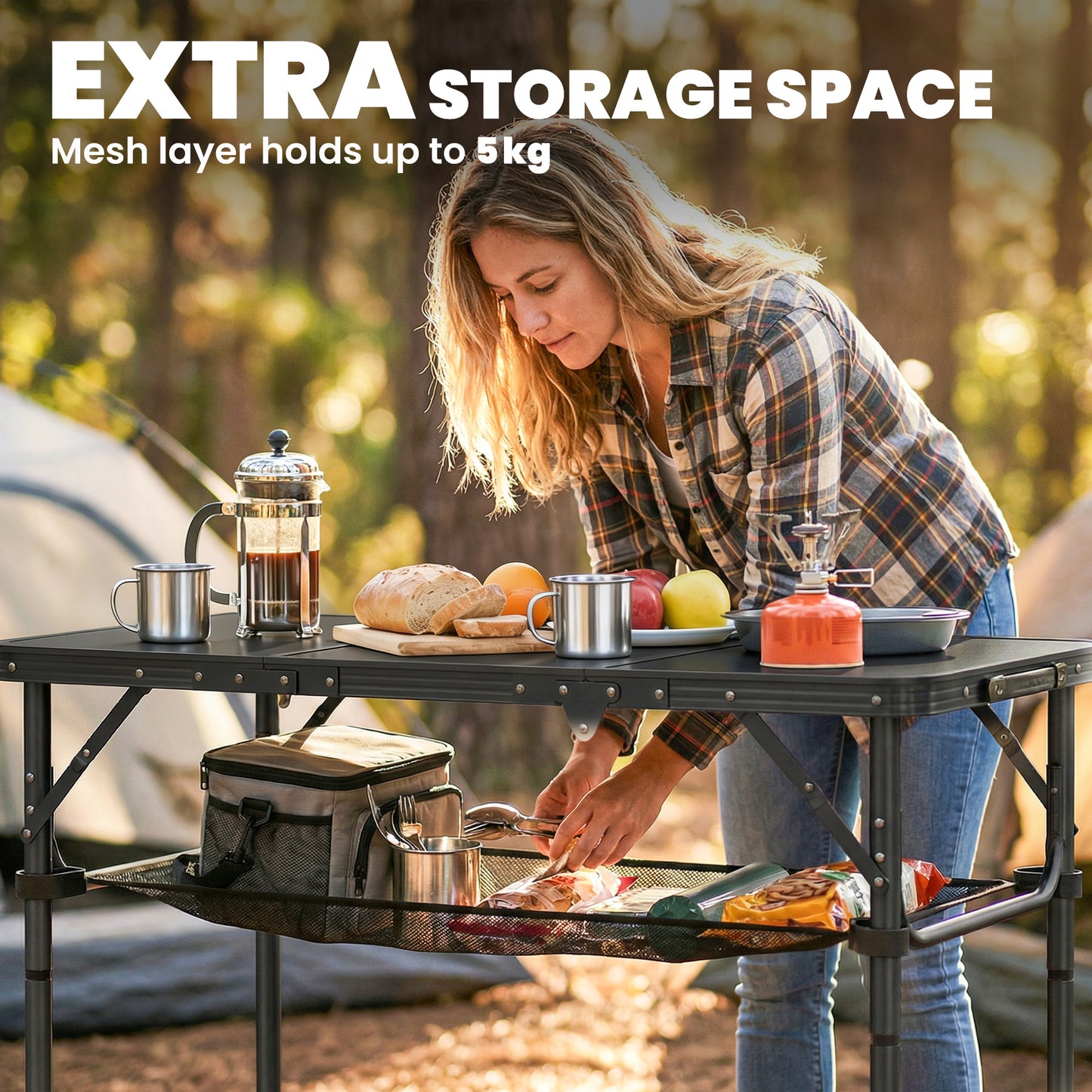 3ft Folding Camping Table, Picnic Table with Mesh Storage Layer