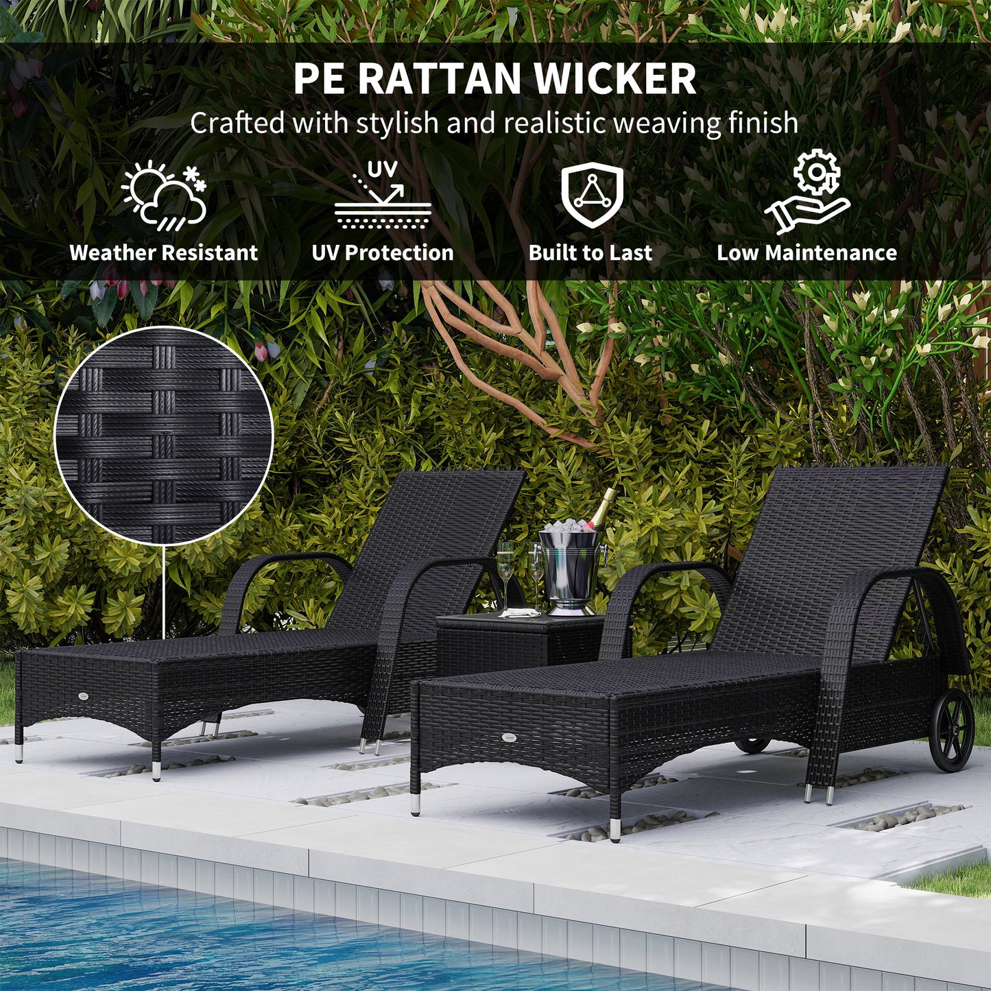 2 Seater Rattan Sun Lounger Set with Side Table