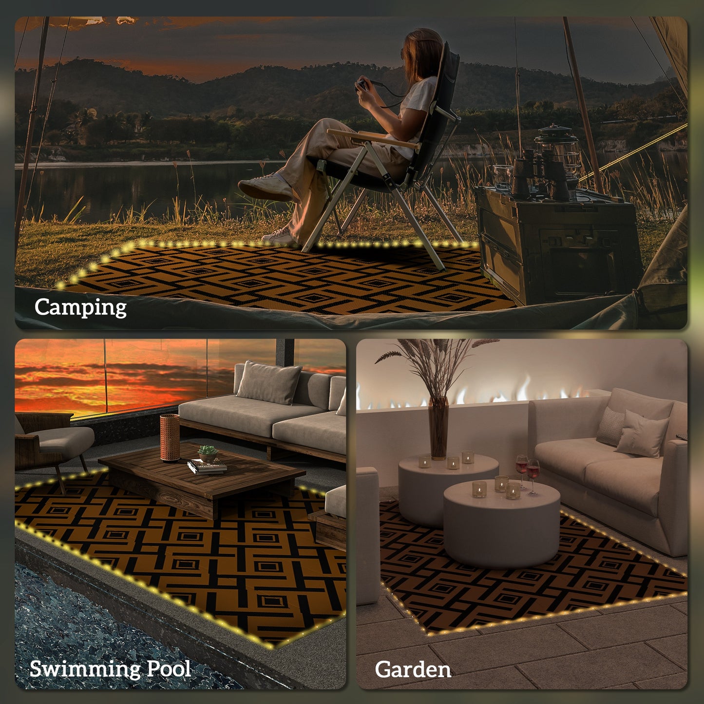 Plastic Straw Reversible RV Outdoor Rug with LED String Light