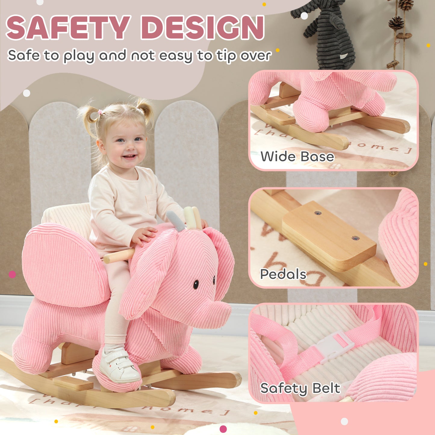 Kids Rocking Horse, Baby Ride on Elephant Rocker with Safety Belt