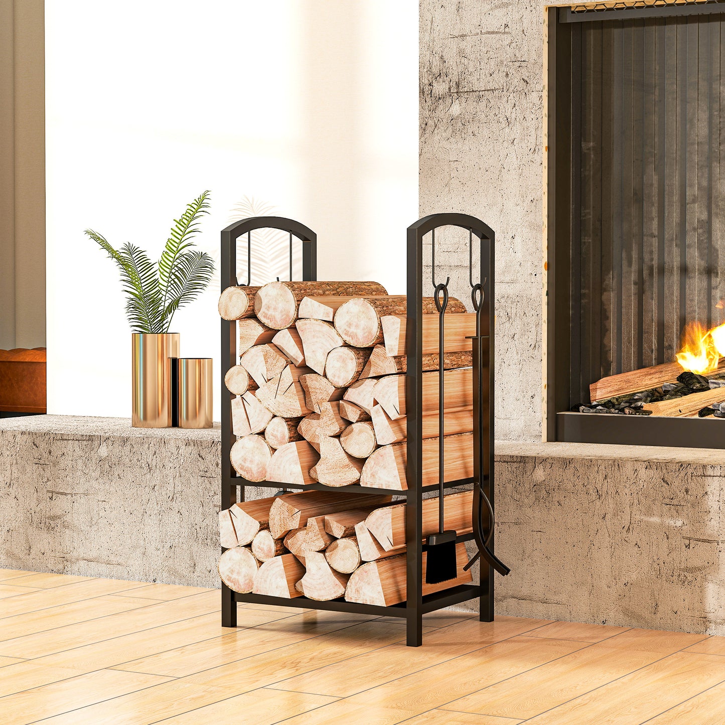 Metal Firewood Log Holder 2 Layer Firewood Rack Indoor Outdoor