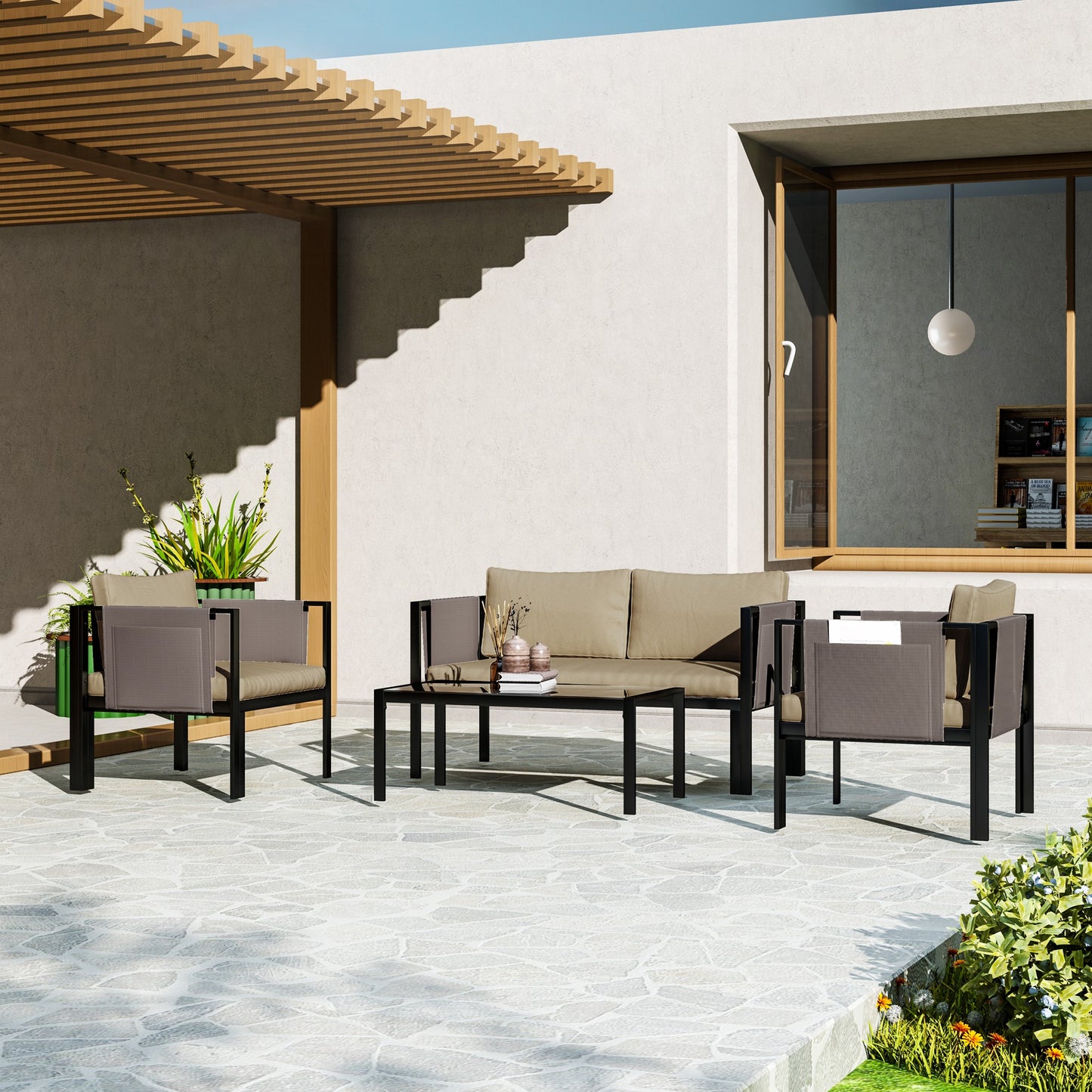 4 Piece Metal Garden Furniture Set with Tempered Glass Coffee Table