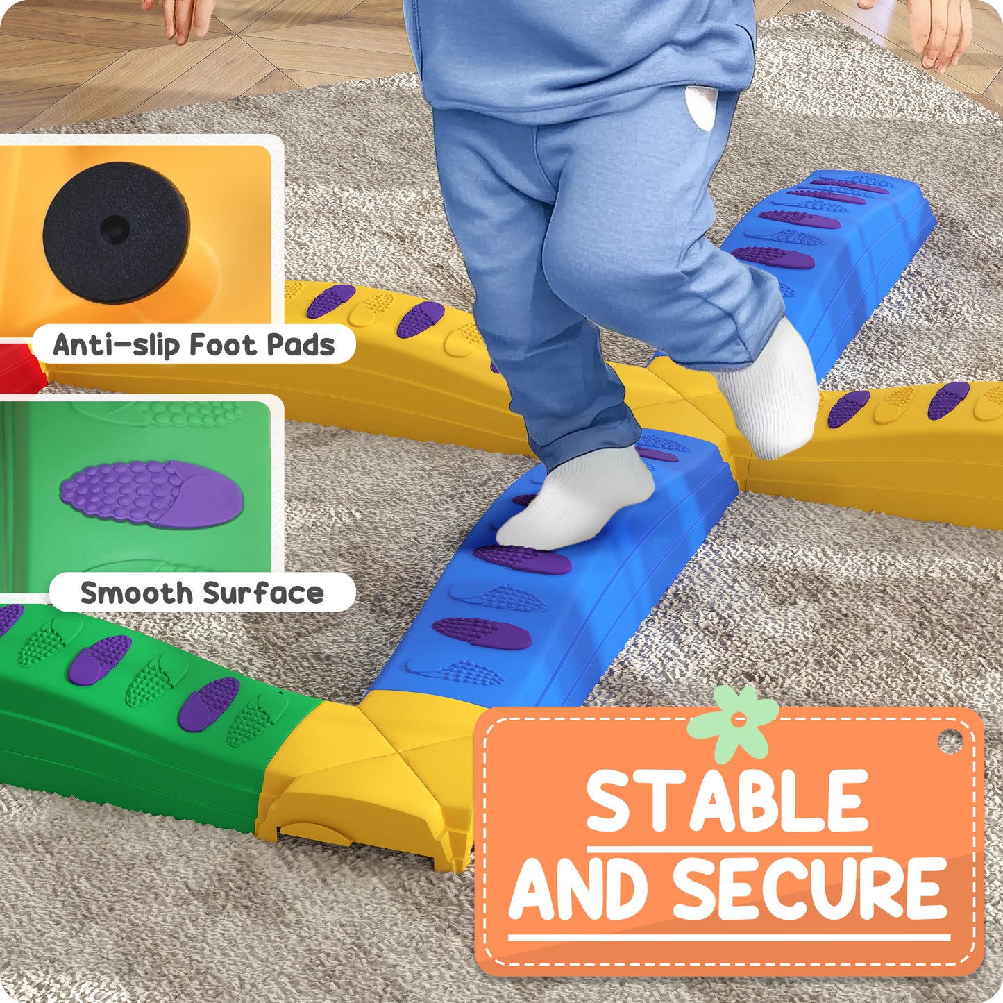 12-Piece Kids Balance Beam Stepping Stones, with Non-Slip Foot Pads
