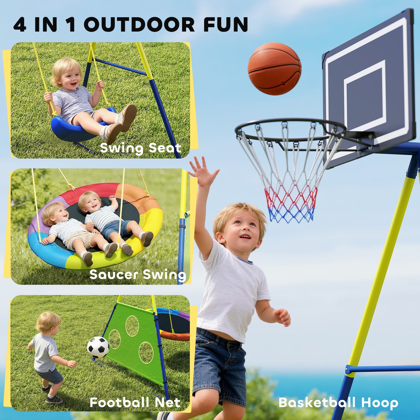 4-in-1 Kids Swing Set with Saucer Swing