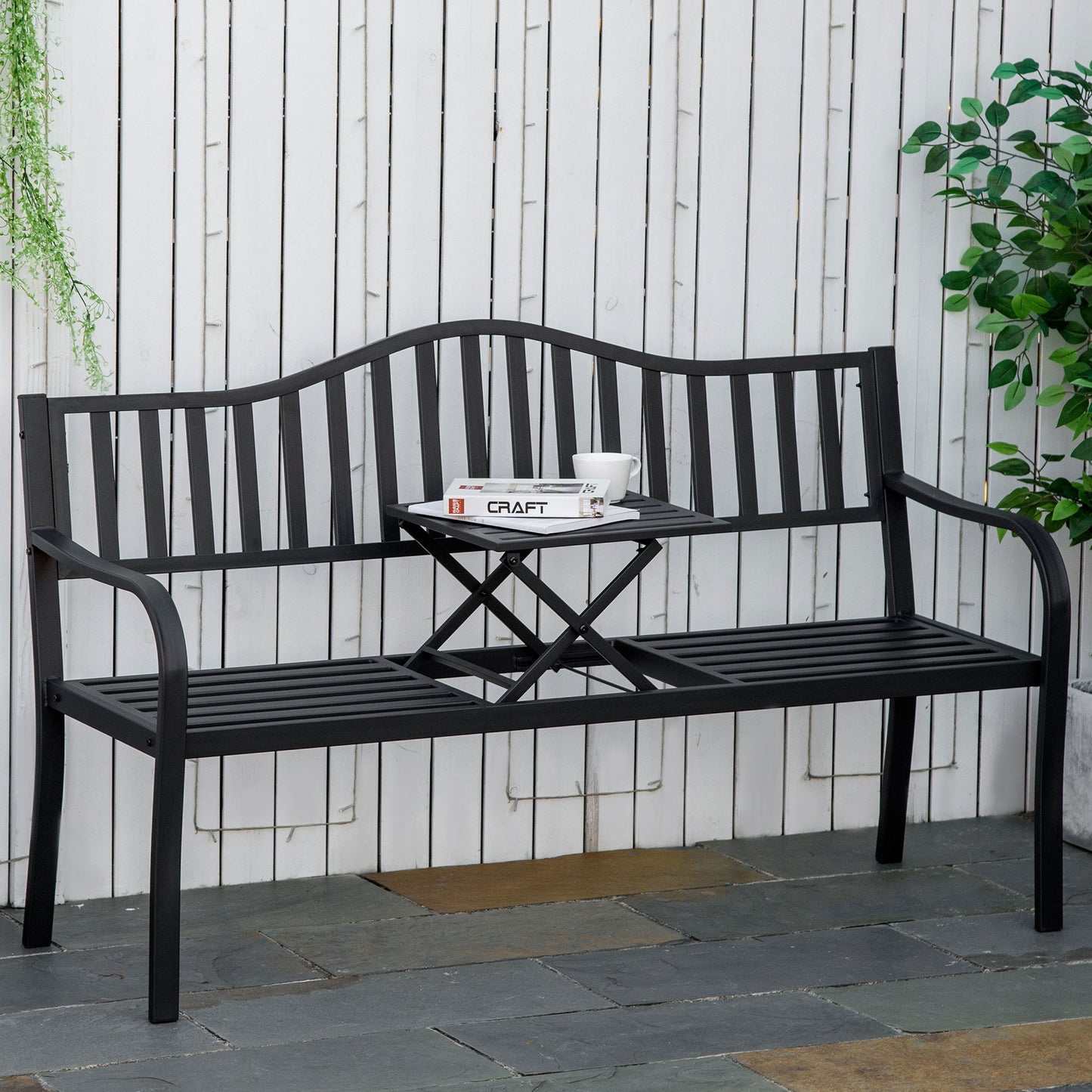 Metal Outdoor Bench with Liftable Middle Table, Patio Loveseat