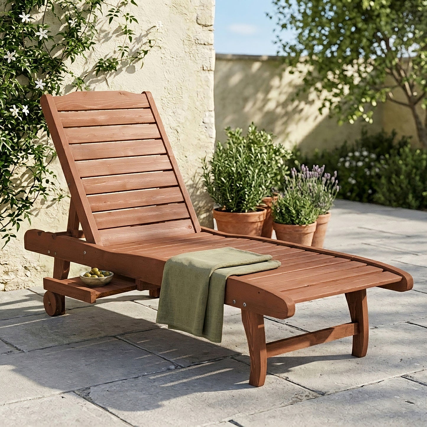 Outdoor Wooden Lounger Chair, Sun Bed with Built-In Table