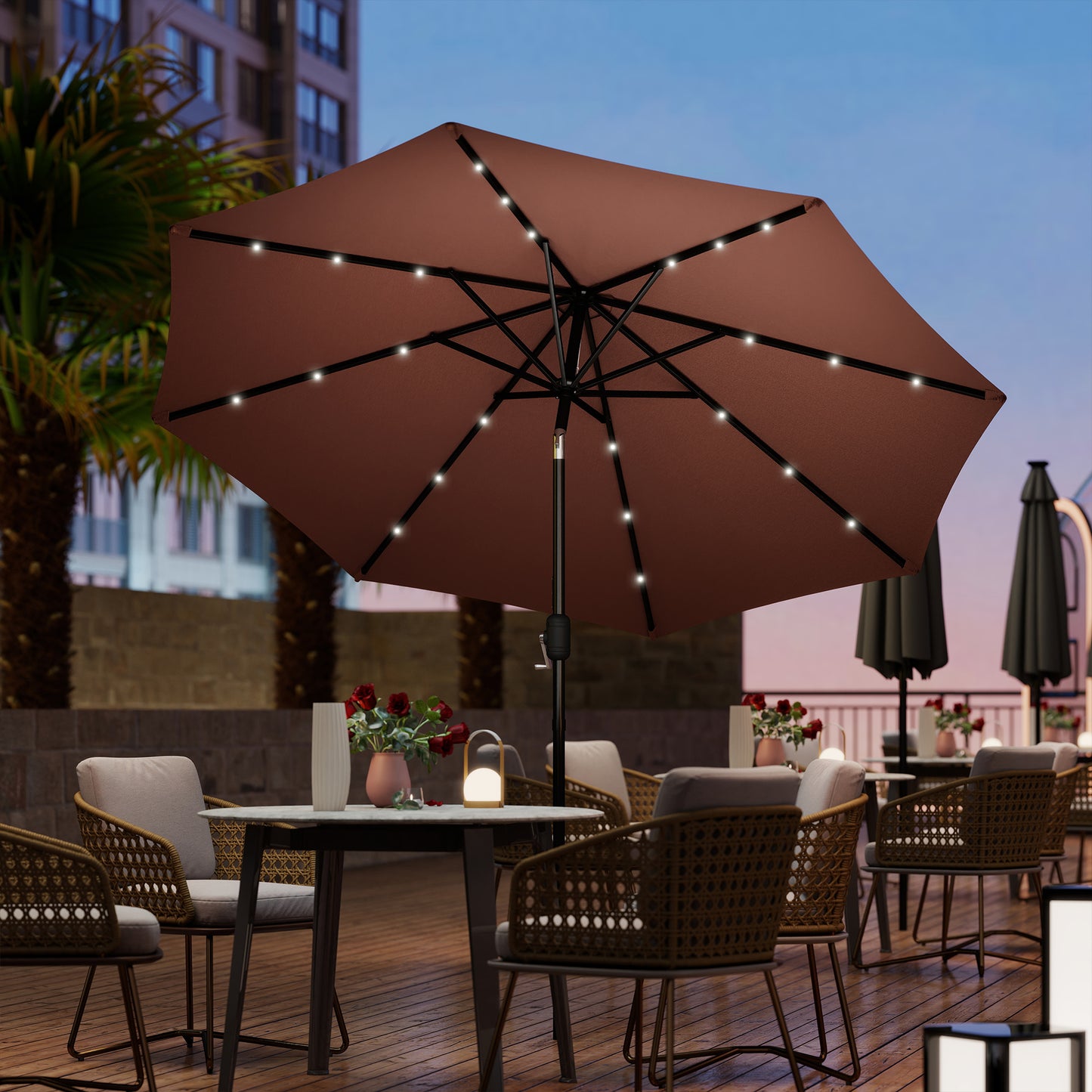 Φ2.7m Garden 24 LED Light Parasol Solar Outdoor Tilt Sun Umbrella