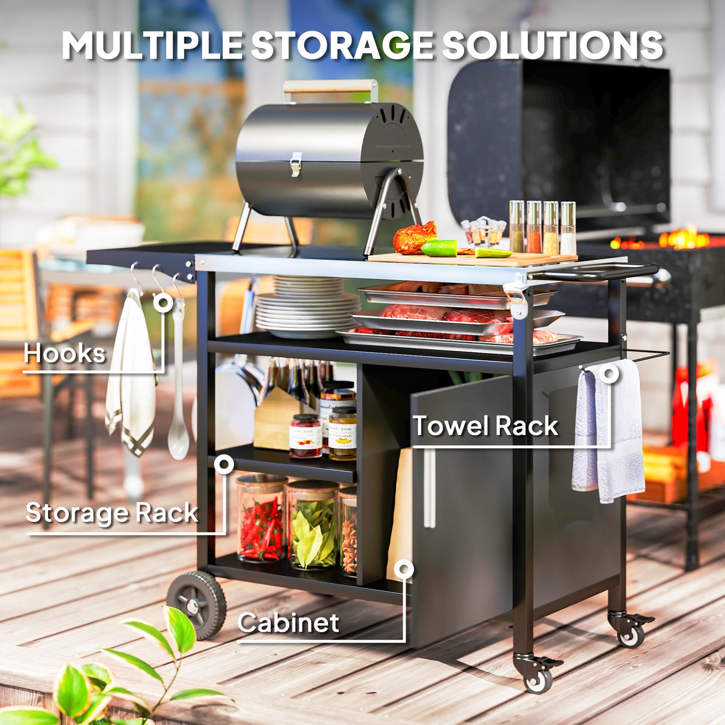 Outdoor BBQ Trolley with Foldable Side Table, Stainless Steel Top