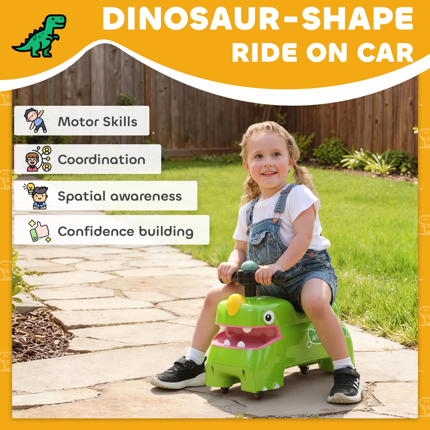 Kids Ride On Car, Dinosaur Foot to Floor Slider with Storage
