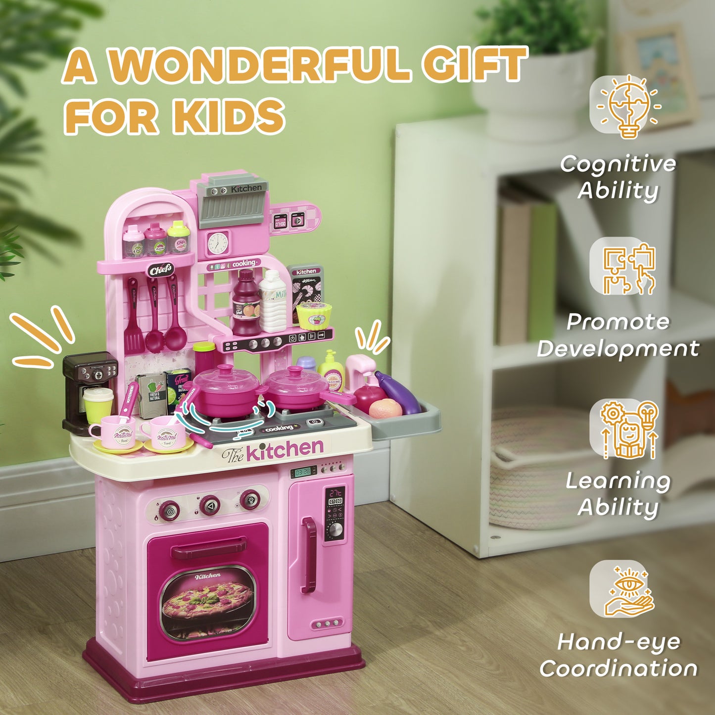 Kids Kitchen with 33 Pieces, Lights, Sounds, Storage