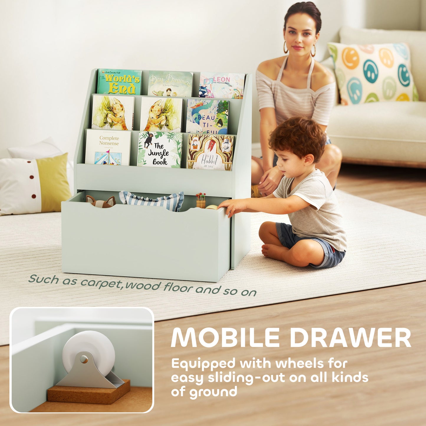 Bookcase for Kids with Shelves, Drawer, Bookcase for Bedroom, Playroom