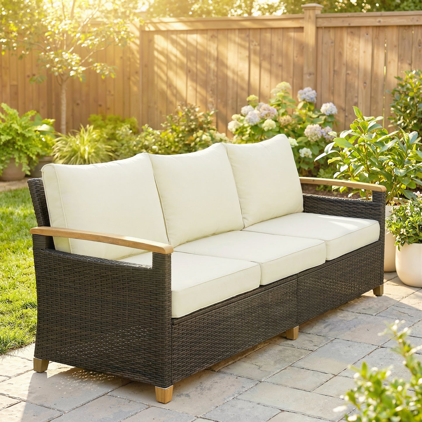 3 Seater Rattan Garden Sofa, PE Wicker Outdoor Sofa Wide Deep Seat