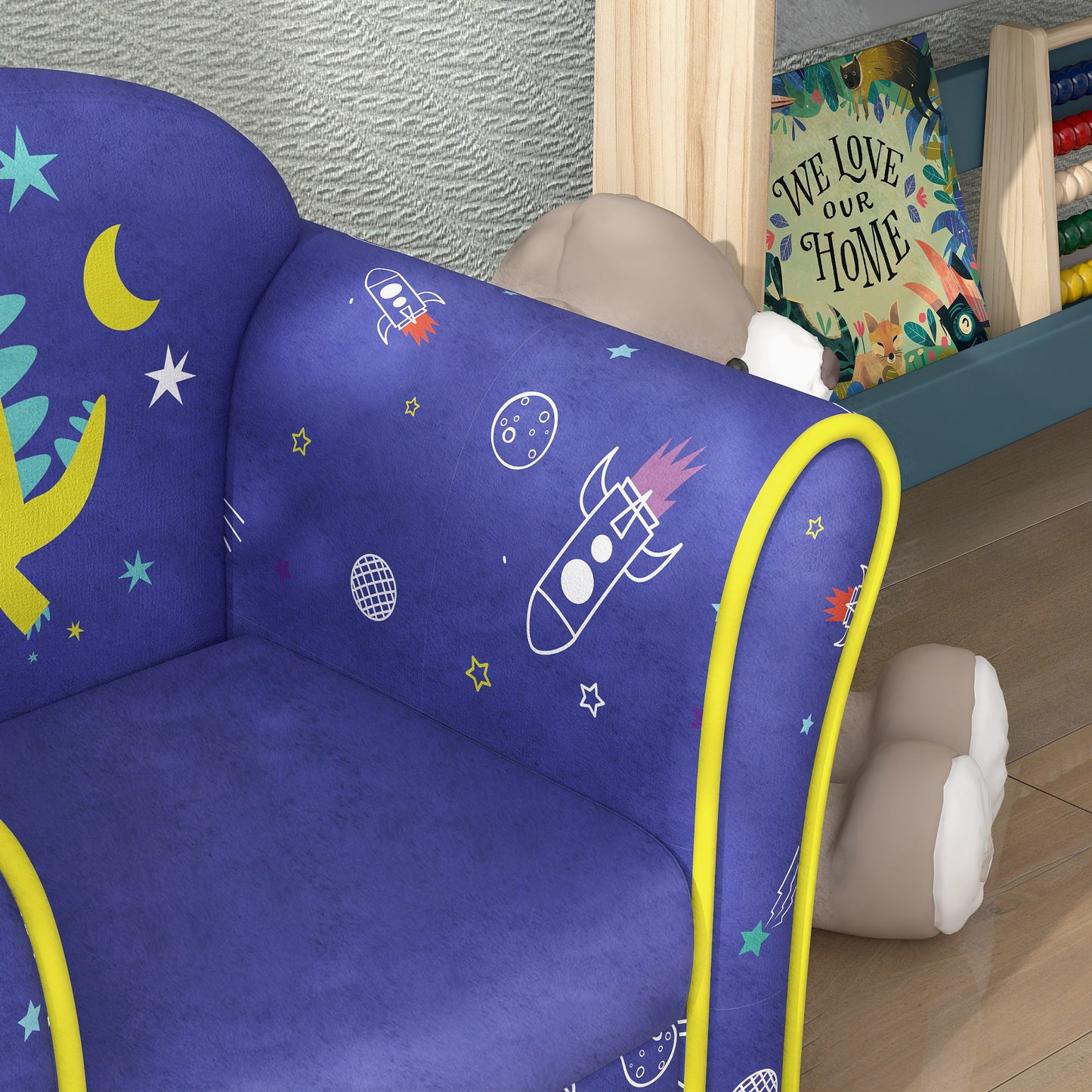 Kids Armchair with Planet Dinosaurs Design, Wooden Frame