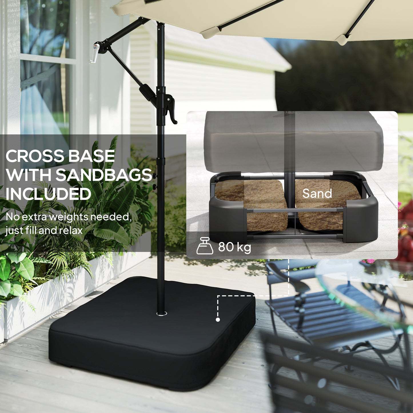 3 m Garden Cantilever Parasol with Cross Base, Sandbag