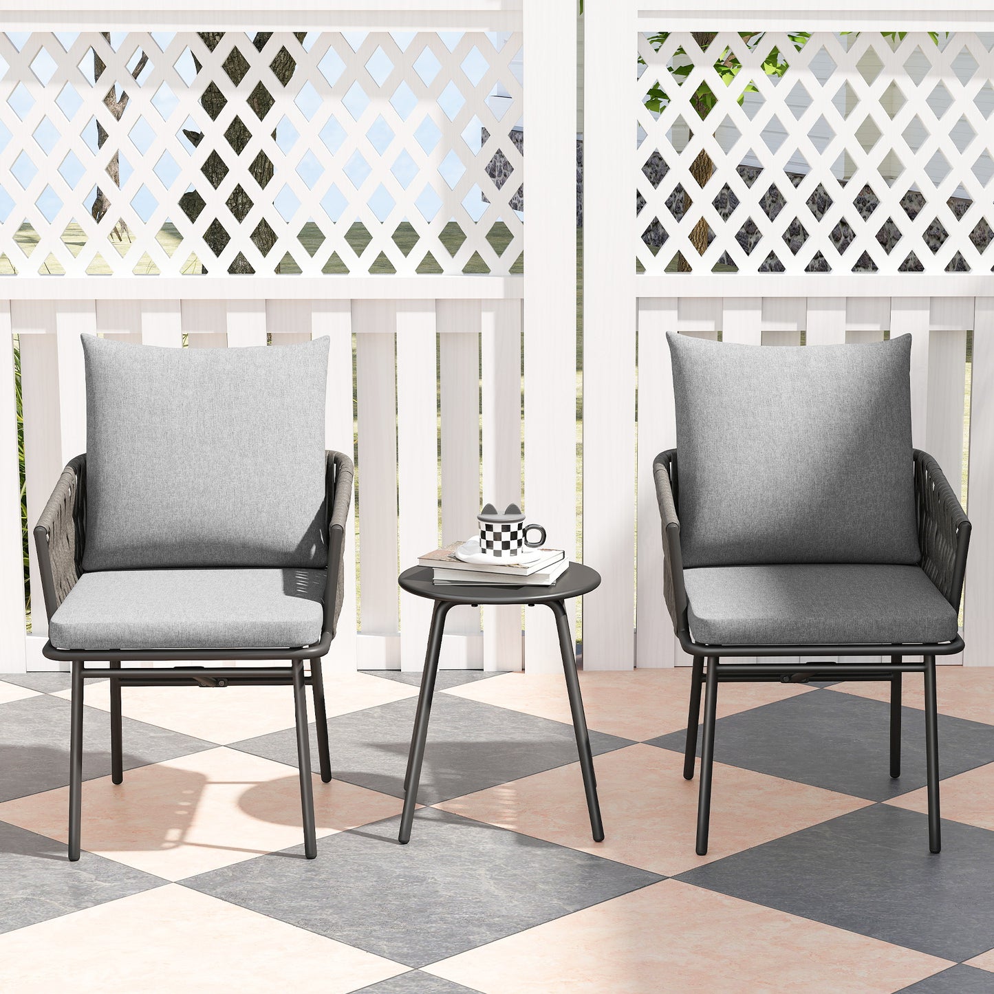 3-Piece Rattan Bistro Set, Garden Table and Chairs with 4 Cushions