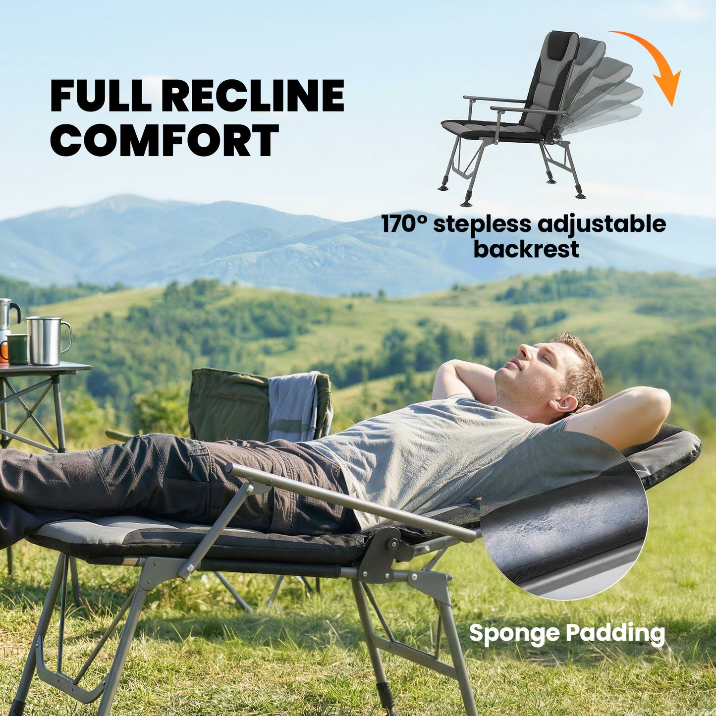 Camping Chair Padded Reclining Folding Chair with Wide Armrests (1)