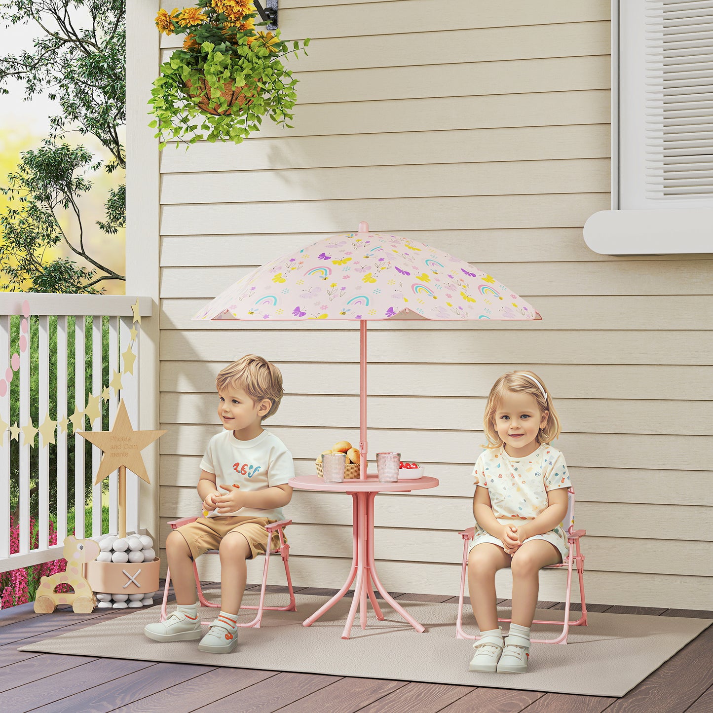 4-Piece Kids Garden Table and Chair Set with Adjustable Parasol (1)