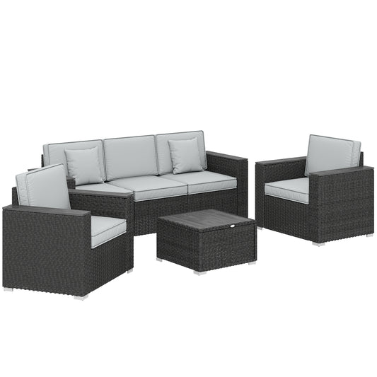 5 Seater Rattan Garden Furniture Set with Wide Armrests, Cushions