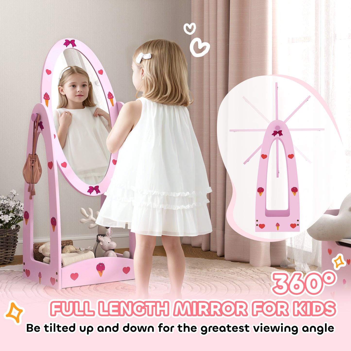 Kids Clothes Rail, Kids Dressing Mirror with 360° Rotating